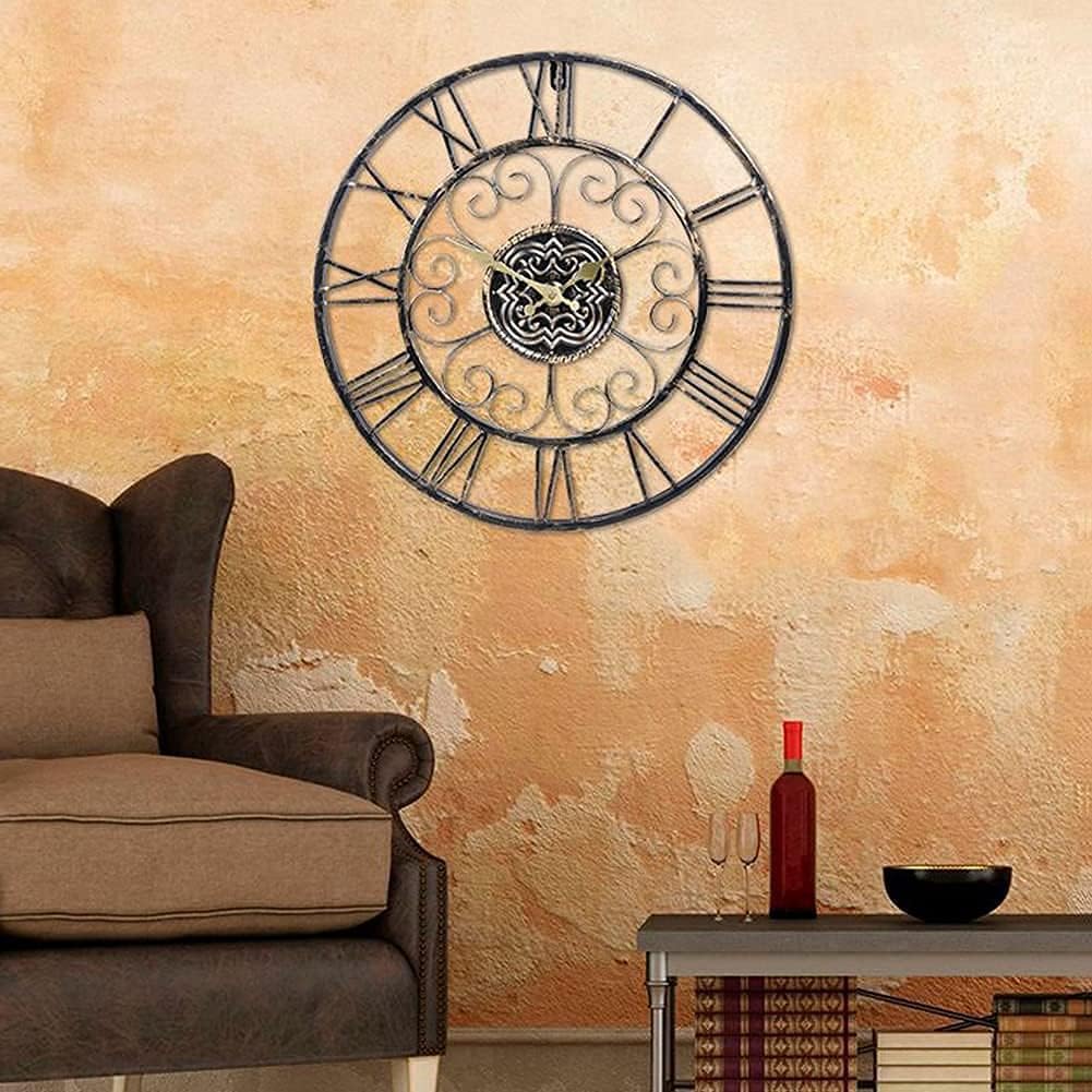 Outdoor Garden Clock,18.5 Inch Large Wall Clock European Retro Style Roman Numerals Wrought Iron Hollow Out Black Rustic Wall Clock Indoor Outdoor Garden Decorative Wall Clock