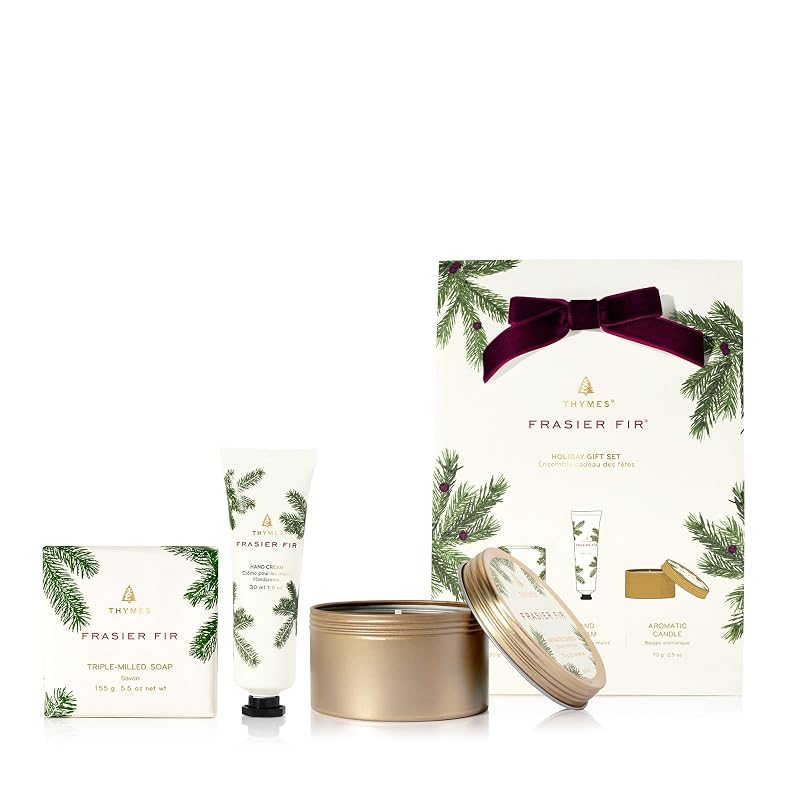 Thymes Frasier Fir Conjunto para presente com creme para mãos, vela em lata e sabonete em barra