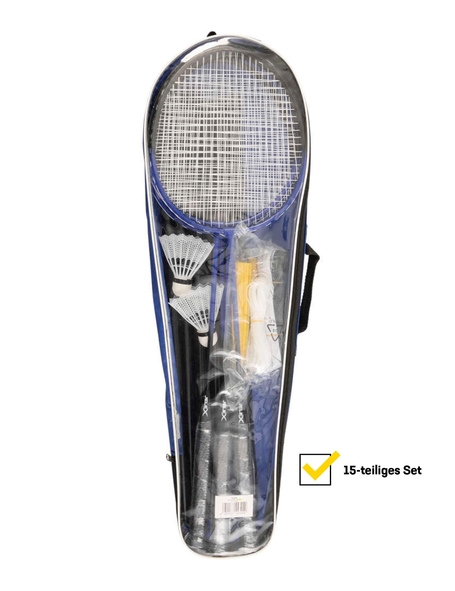 JELEX Big Utd. Lot de 4 raquettes de badminton avec 2 balles et filets, avec sac de badminton bleu de qualité supérieure pour la famille pour jouer et s'entraîner