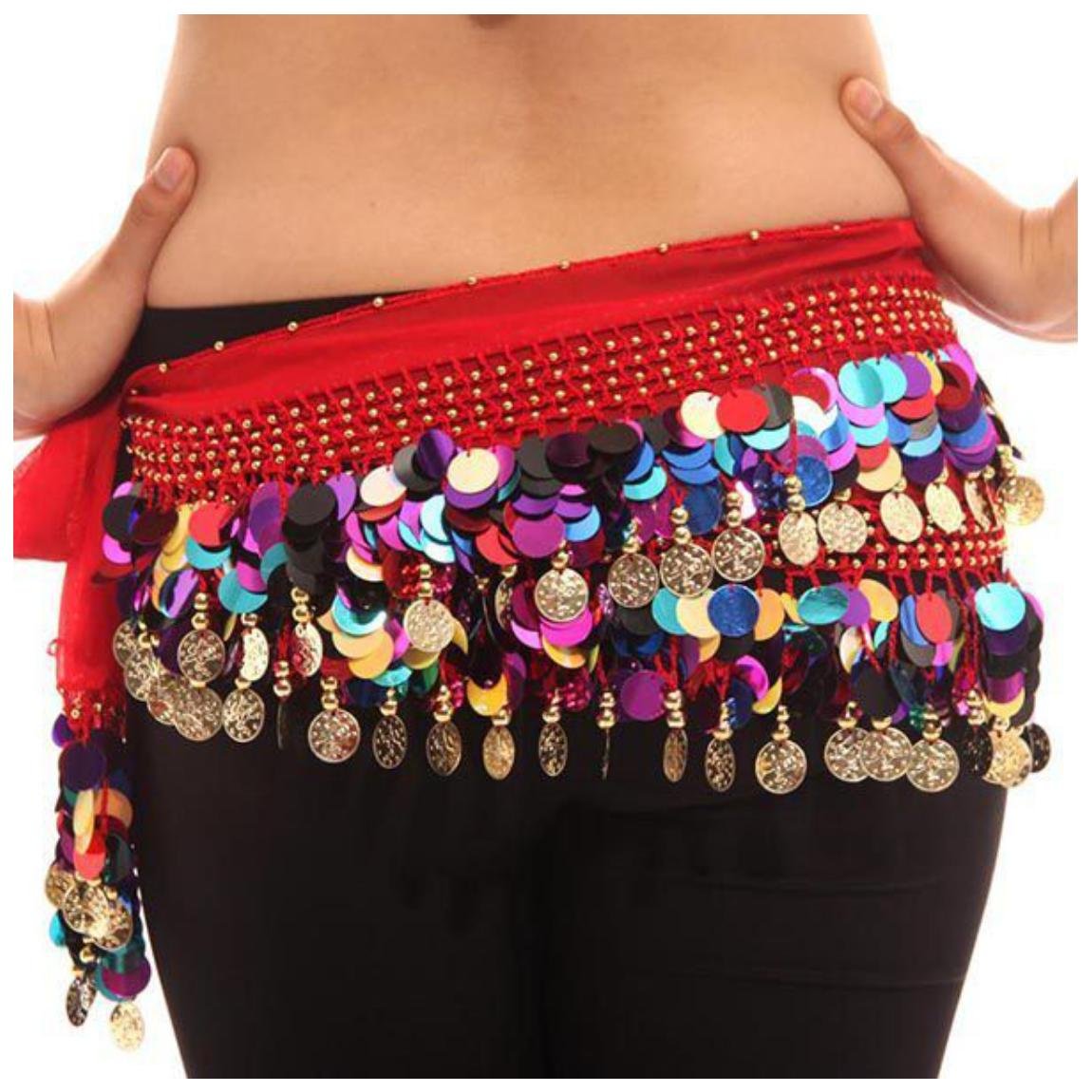 VRITRAZ Women's Chiffon Belly Dance Hip Scarf Waistband Belt Skirt Mixed Colors Beads and Golded Coins 56 Red 1