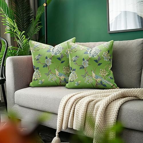 Miniatura 4 de SMF Chinoiserie - Juego de 2 fundas de almohada de 18 x 18 pulgadas, diseño de flores verdes y pájaros, fundas de almohada de lino para exteriores,