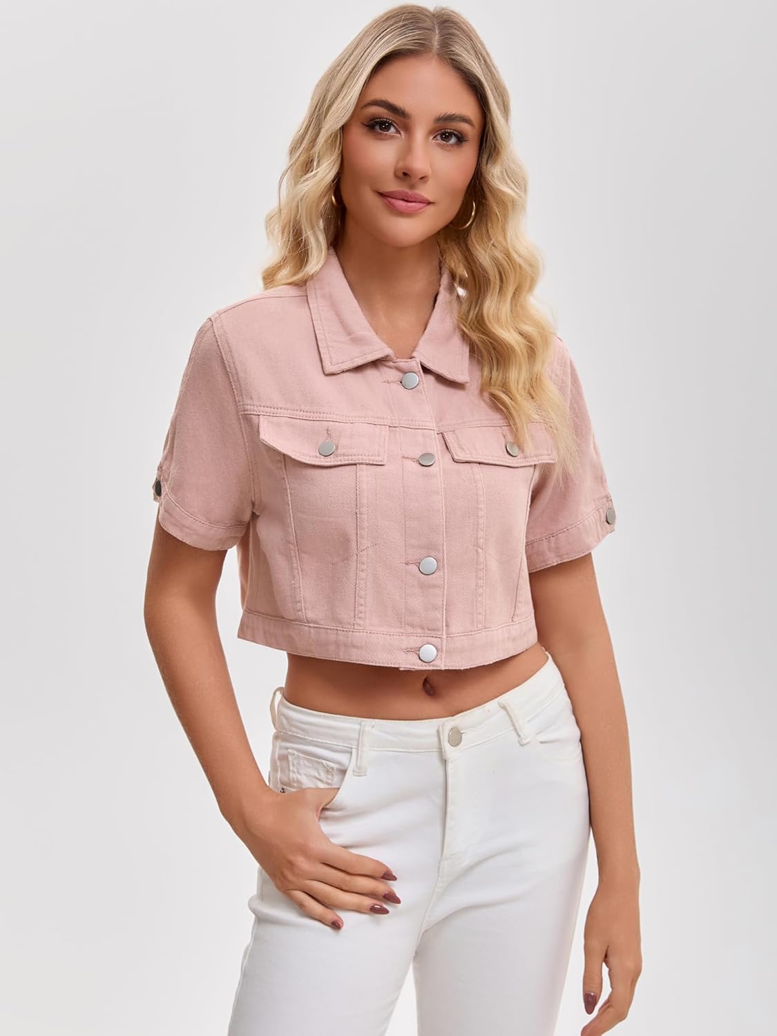 Women's Short Sleeve Denim Jacket Trendy Classic Casual Summer Cropped Jean Jacket