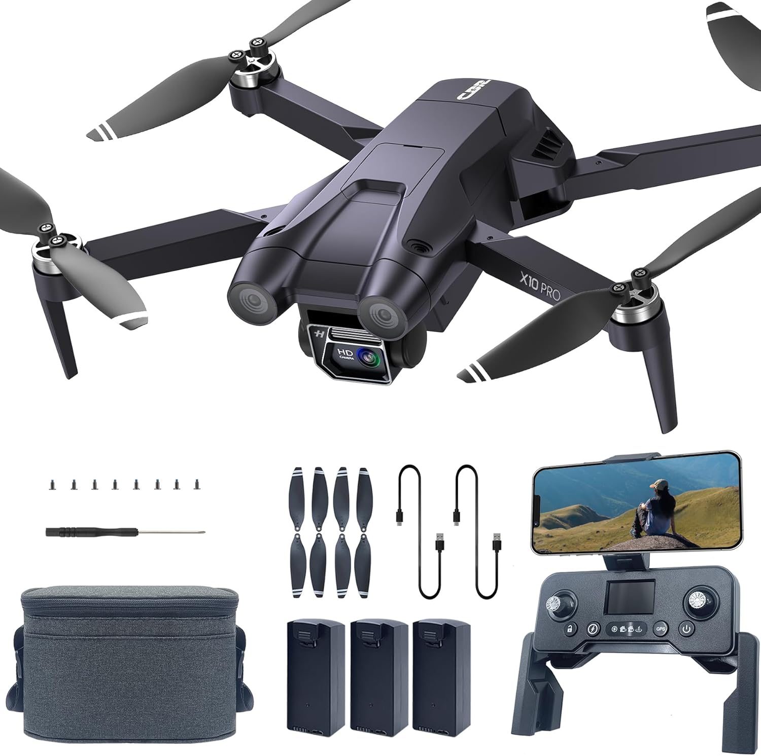 CHUBORY X10 PRO GPS Drone and its accessories laid out, including the drone, remote controller, three batteries, spare propellers, charging cables, screwdriver, and carrying case.