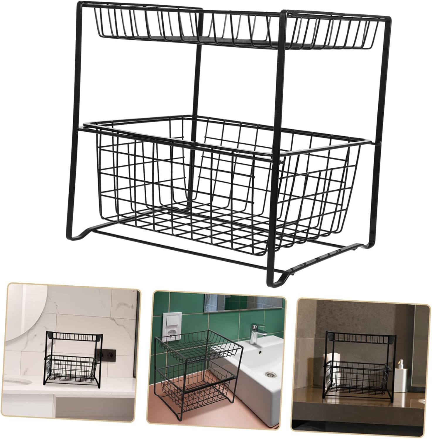 Under Sink Organizer with Pull-out Double Bathroom and Kitchen Cabinet Storage Space-saving Vertical Rack for Cleaning Supplies and Toiletries Easy Access and Simple Installation