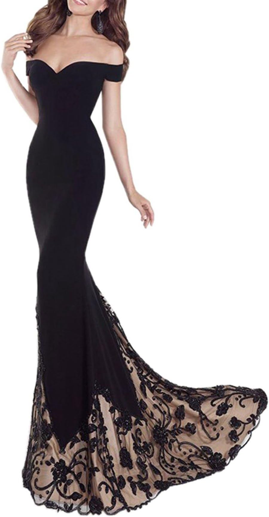 Queen Diana Women's Off Shoulder Maxi Long Evening Prom Dress Embroidered Mermaid Formal Party Cocktail Gowns (DF2-Black, L)