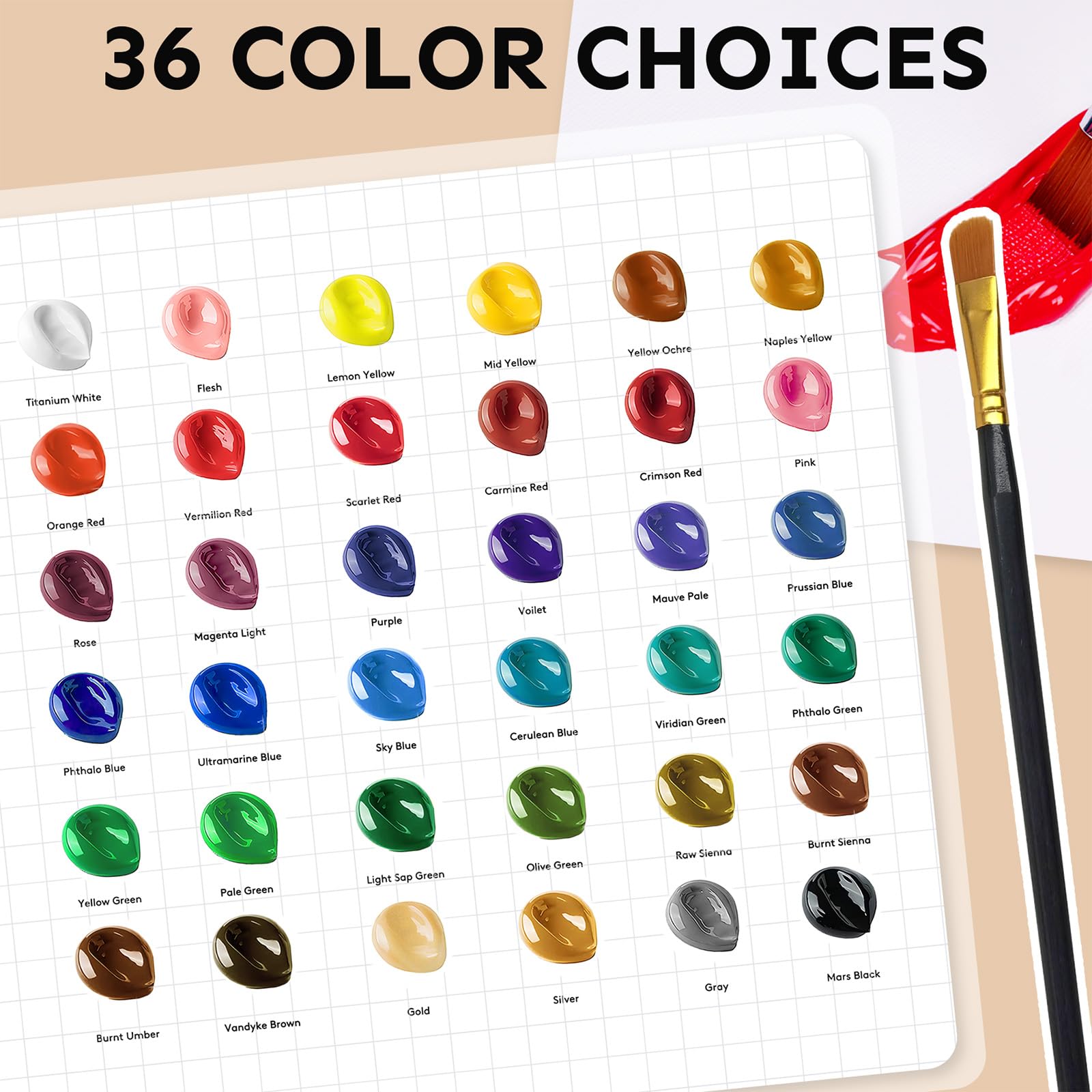 Acrylic Paint Set 24 Colors(2oz /60ml) with 12 Brushes,Rich Pigmented, Premium Acrylic Paints for Canvas Wood Glass Rock Leather Painting, Art Craft Paint Supplies: 36 color