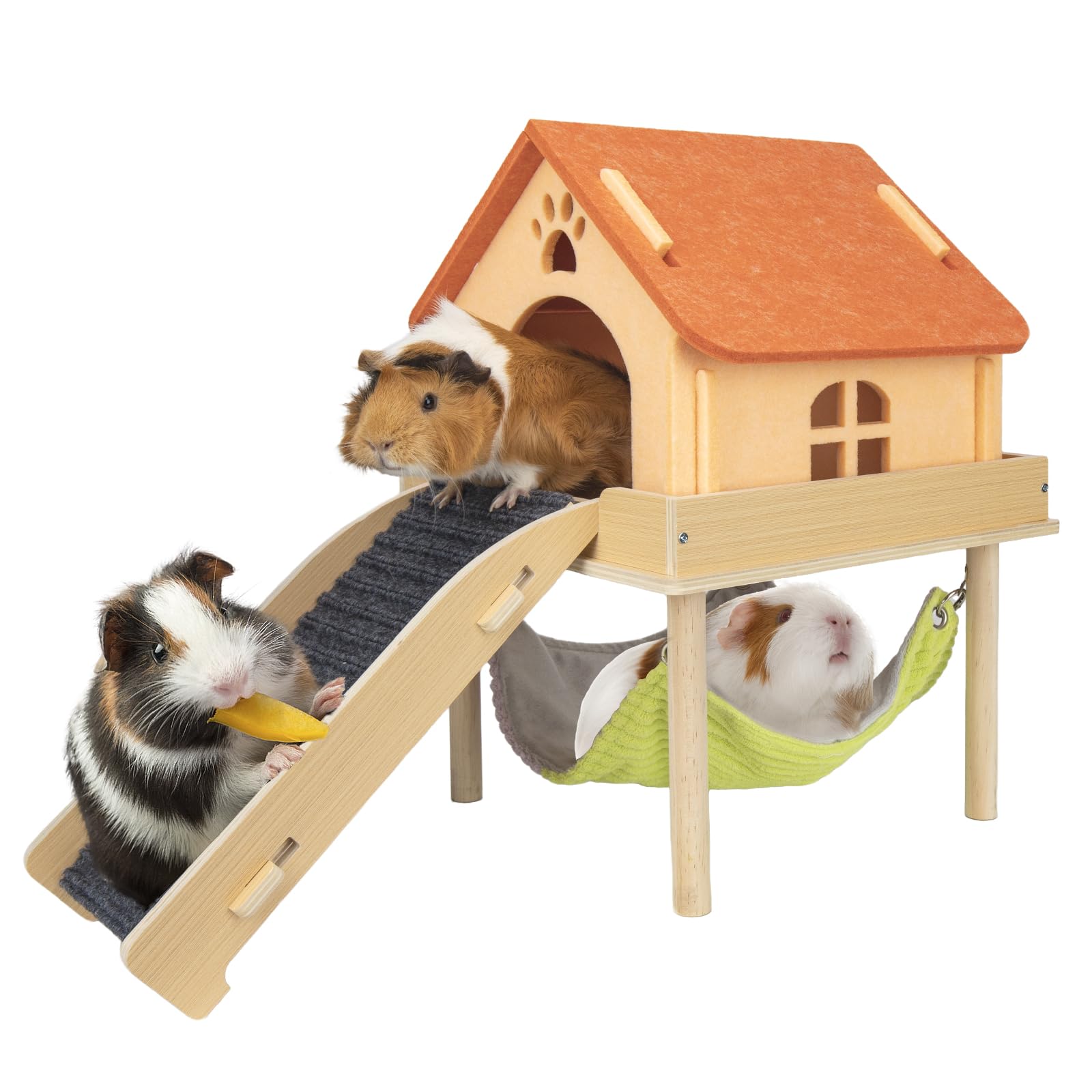 BESNEW Hamaca de cobaya 3 en 1 ampliada, escondite de madera con casa, plataforma y escaleras, juguetes de animales pequeños para ocultar actividades para dormir