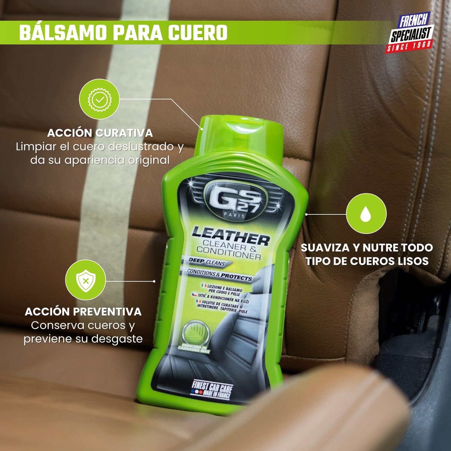 GS27 - Bálsamo para Cuero de Coche - Cuidado del Cuero de Coche Natural, Tintado o de imitación - Protege e impermeabiliza - 375 ml