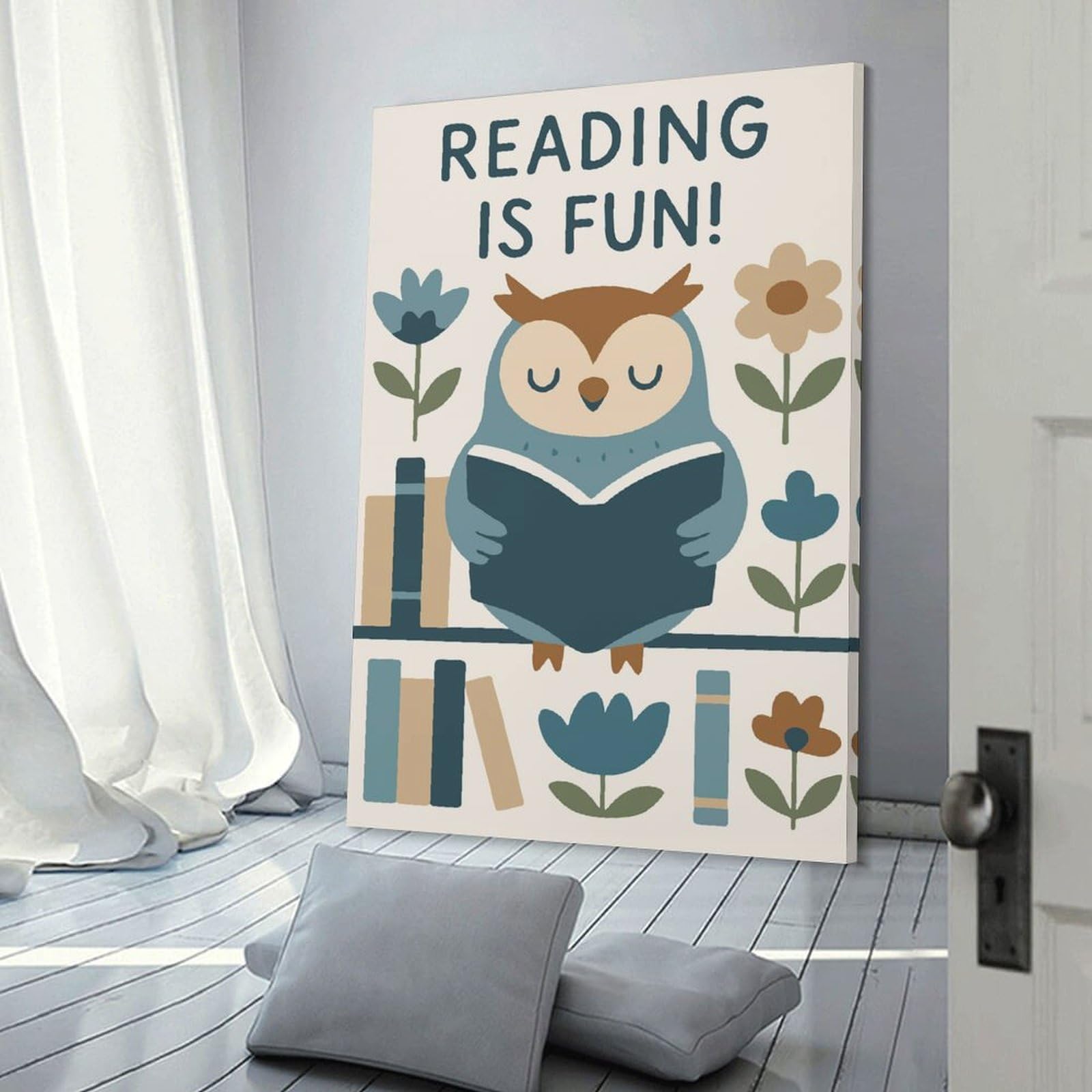 Junmoney Reading Is Fun Owl Illustration Canvas Wall Decor, 12x18inch(30x45cm), for New Homes, Bedrooms Or Workspaces, Gift Idea for Housewarming And Birthdays