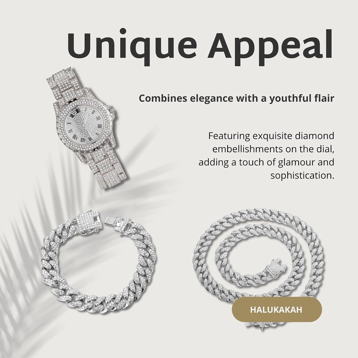 Halukakah Diamonds Gold Watch Iced Out for Boy Teens Kids - 18K Real Gold/Platinum Plated, 39mm Round Dial, Japanese Quartz - 7.5" Length - Optional with Cuban Link Chain - for Birthday, Parties