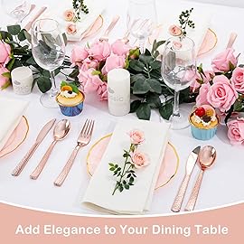 Supernal 180pcs Rose Gold Plastic Silverware Heavy Duty Plastic Forks and Spoons, Rose Gold Disposable Silverware Sets Include 60 Forks, 60 Knives and 60 Spoons Suitable for Wedding, Party, Birthday
