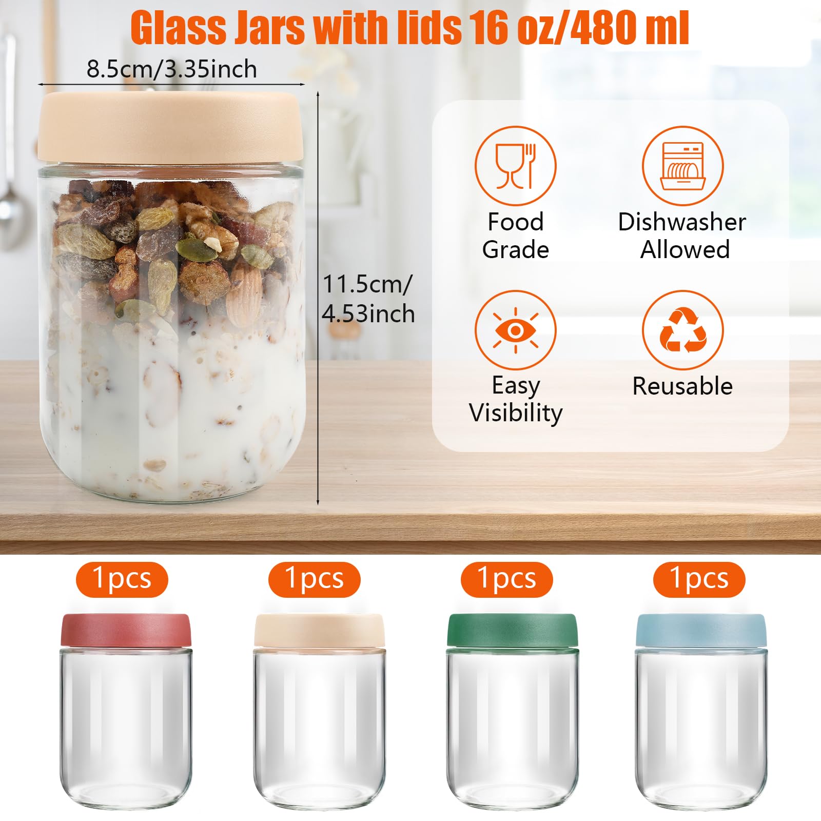 VINATO Pack de 4 Tarros de Cristal con Tapa 480ml, Tarros Cristal Herméticos, Botes con Tapa, Overnight Oats Jar, Frascos Alimentación