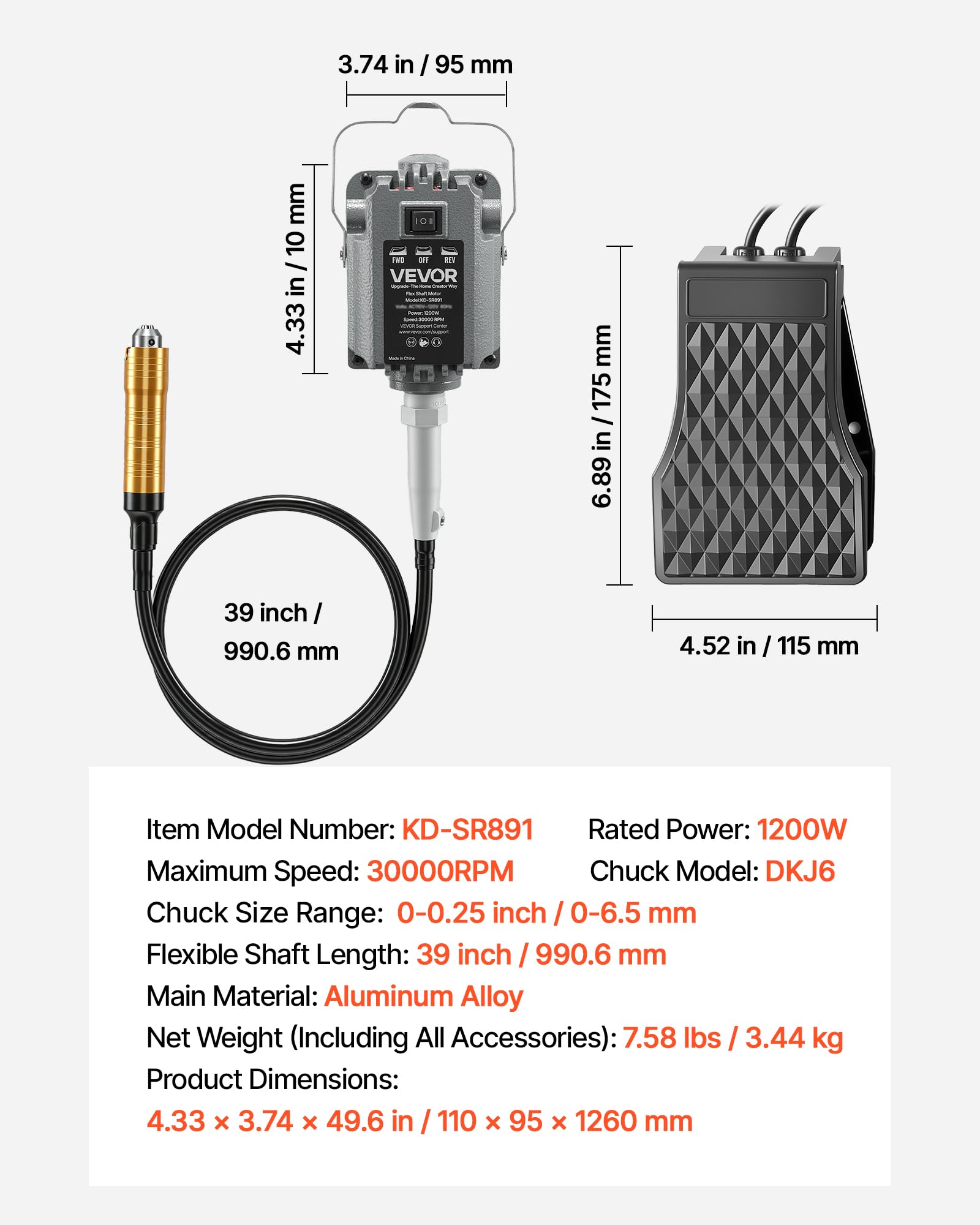 VEVOR Amoladora de Eje Flexible 1200 W 30.000 RPM, Herramienta Rotativa Eléctrica de Eje Flexible, Amoladora Colgante con Control de Pedal, Kit de Accesorios de 112 Piezas para Lijar, Pulir, Cortar