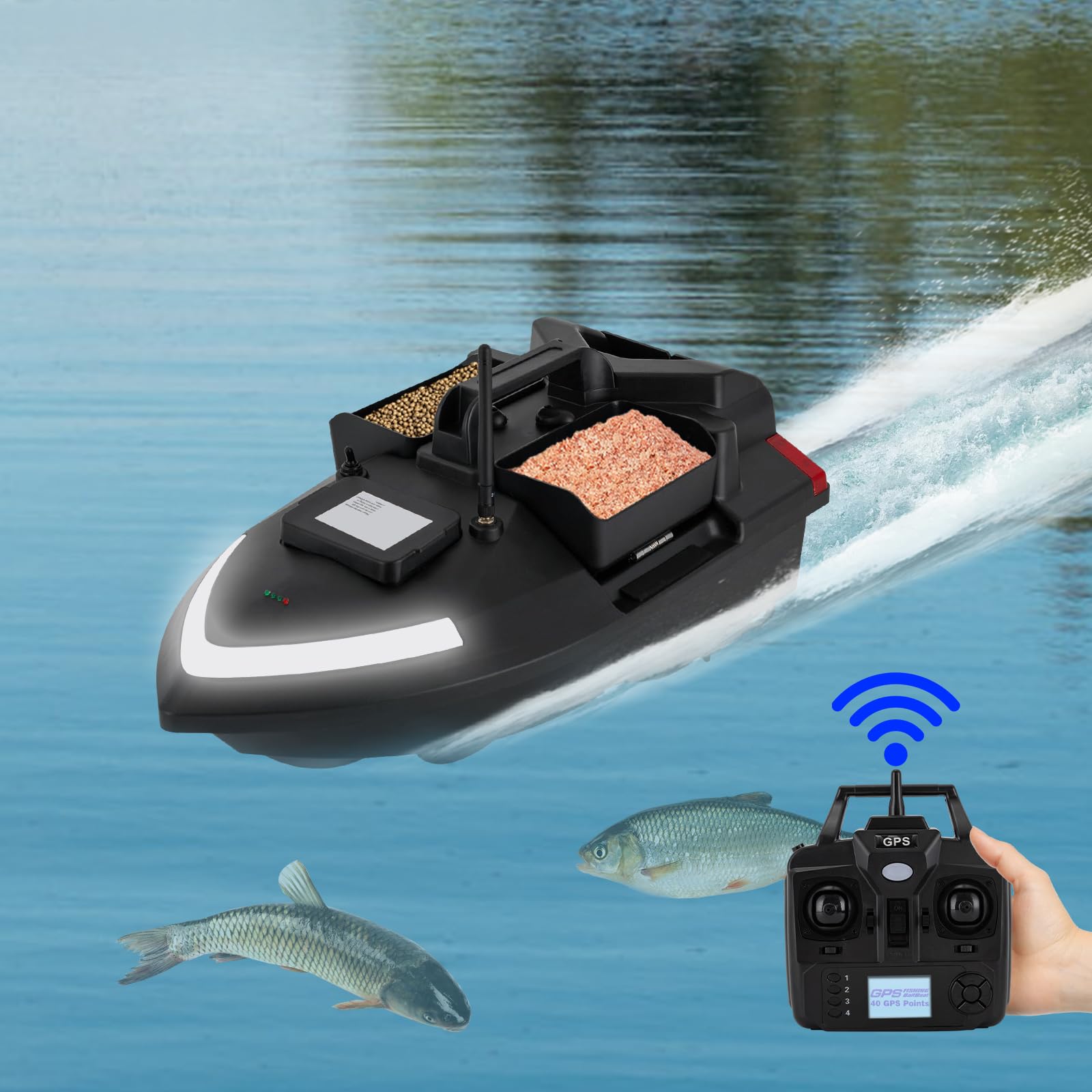 500M RC Köderboot GPS Angelköder Fischköder Boot mit 3 Köderboxen, 12000mAh Akku (4 Std.), Doppelmotor, Suchscheinwerfer, Automatische Rückkehr, Für Karpfenangeln