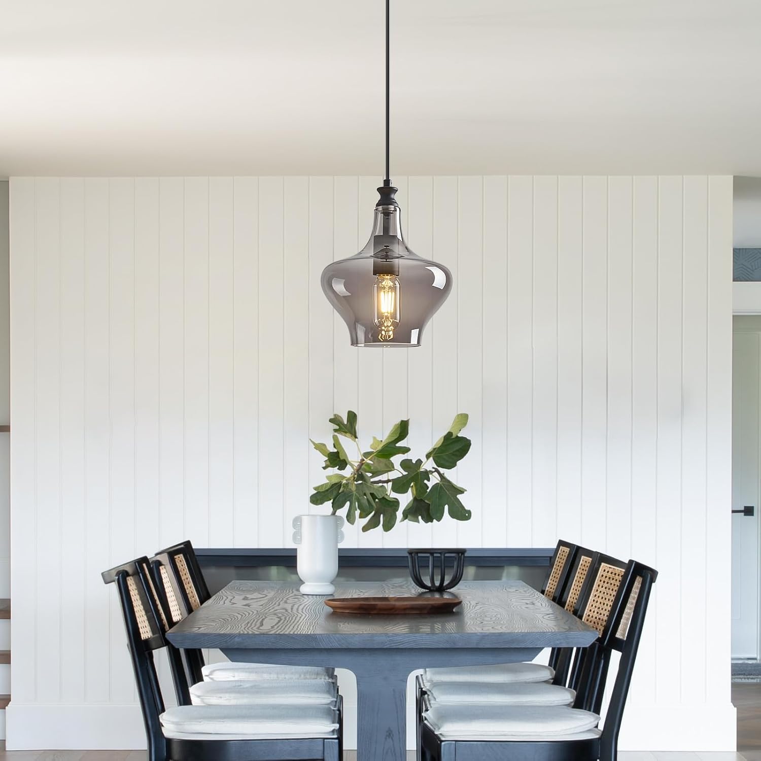 Modern Glass Pendant Light 7.87in Light Grey Glass Shade Black Farmhouse Island Pendant Lights for Kitchen Pendant Lighting Over Sink Bedroom Dining Room