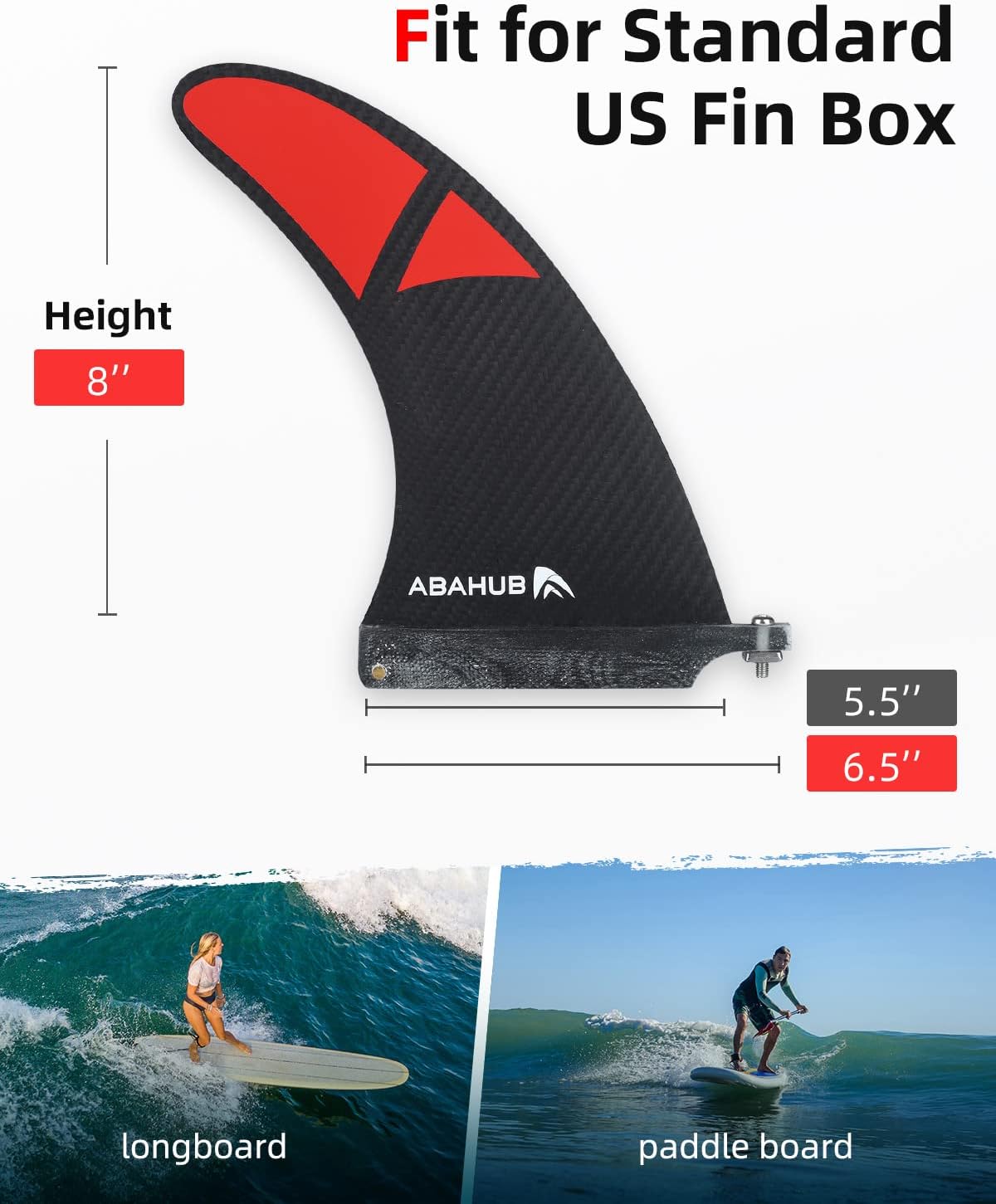 Abahub 8'' SUP Single Center Fin with 1 No Tool Fin Screw, Fiberglass Reinforeced 8 inch SUP Replacement Fins for Surfboard, Stand-up Paddle Board, Longboard, Black/Blue/White