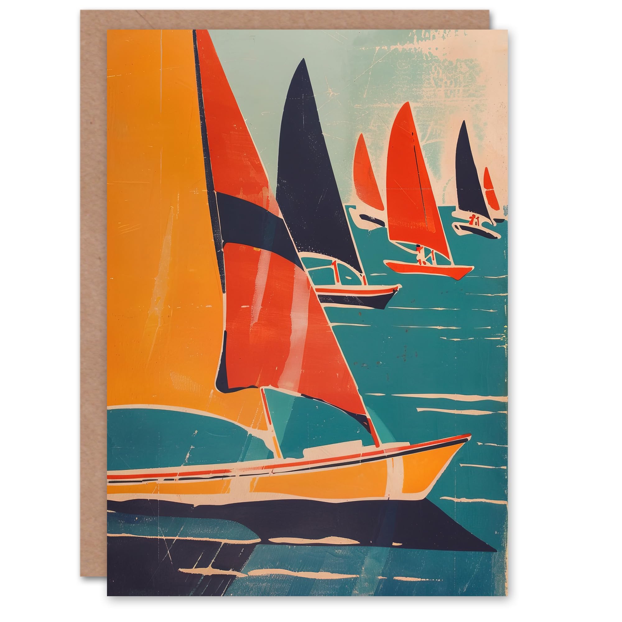Artery8 Orange Retro Sailboats At Sea Artwork Nautical Fun Greeting Card Birthday