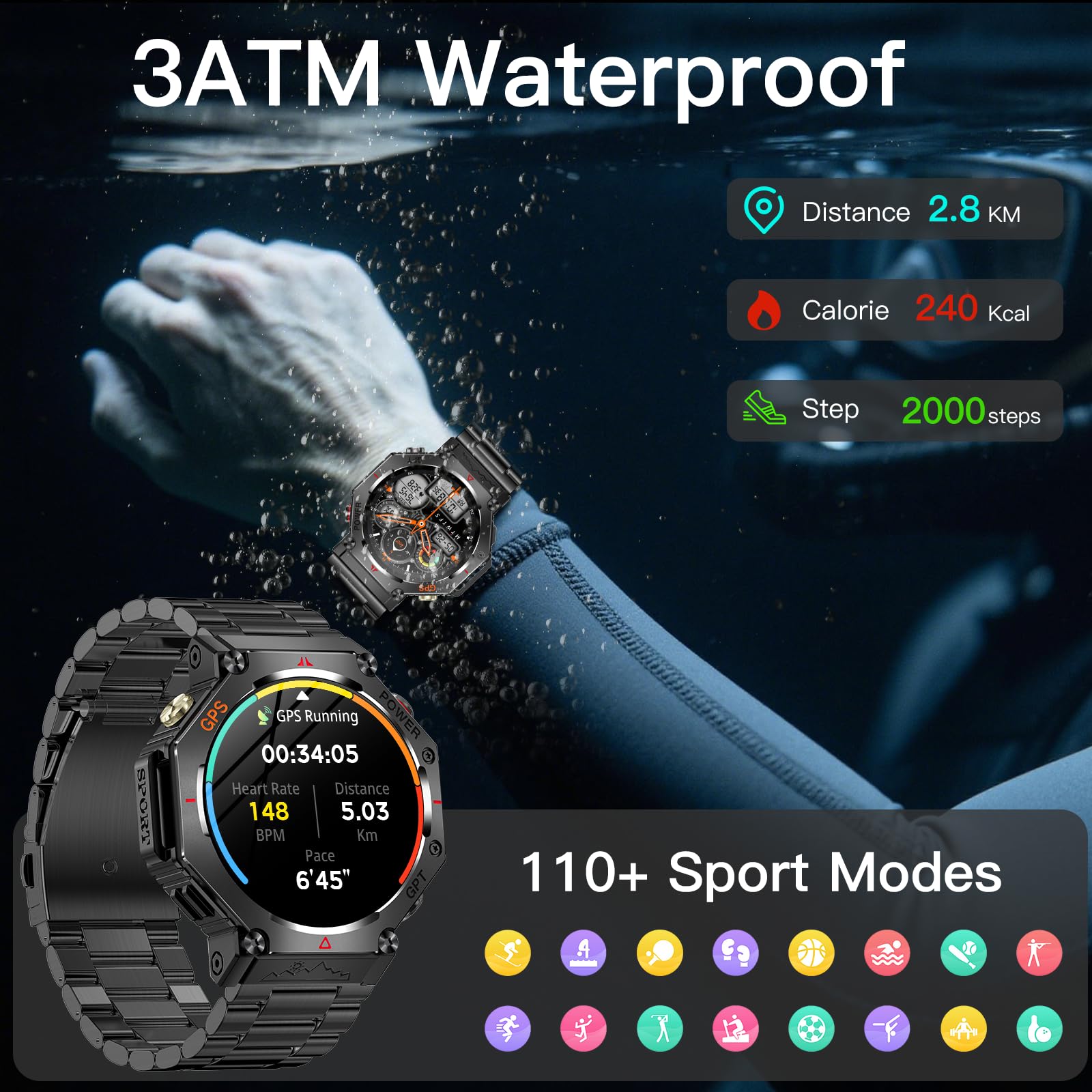 2026 AI Smartwatch Uomo con GPS/Altezza/Pressione Sanguigna/Torcia LED | 1.39''Orologio Smartwatch con 530mAh/Chiamata,3ATM Impermeabile 110+Modalità Sport Cardiofrequenzimetro SpO2 per Android iOS