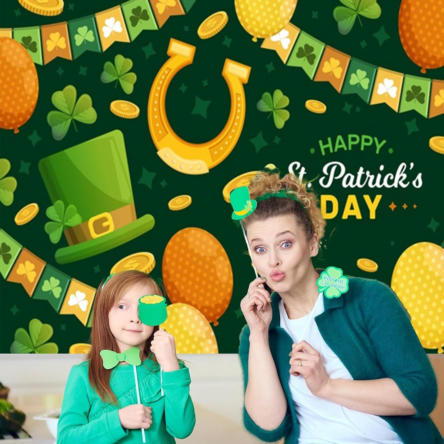 10x8ft Happy St. Patrick's Day Backdrop Lucky Shamrock Green-Hat Gold Coins Photography Background St Patricks Day Photo Props Birthday Baby Shower Party Decorations