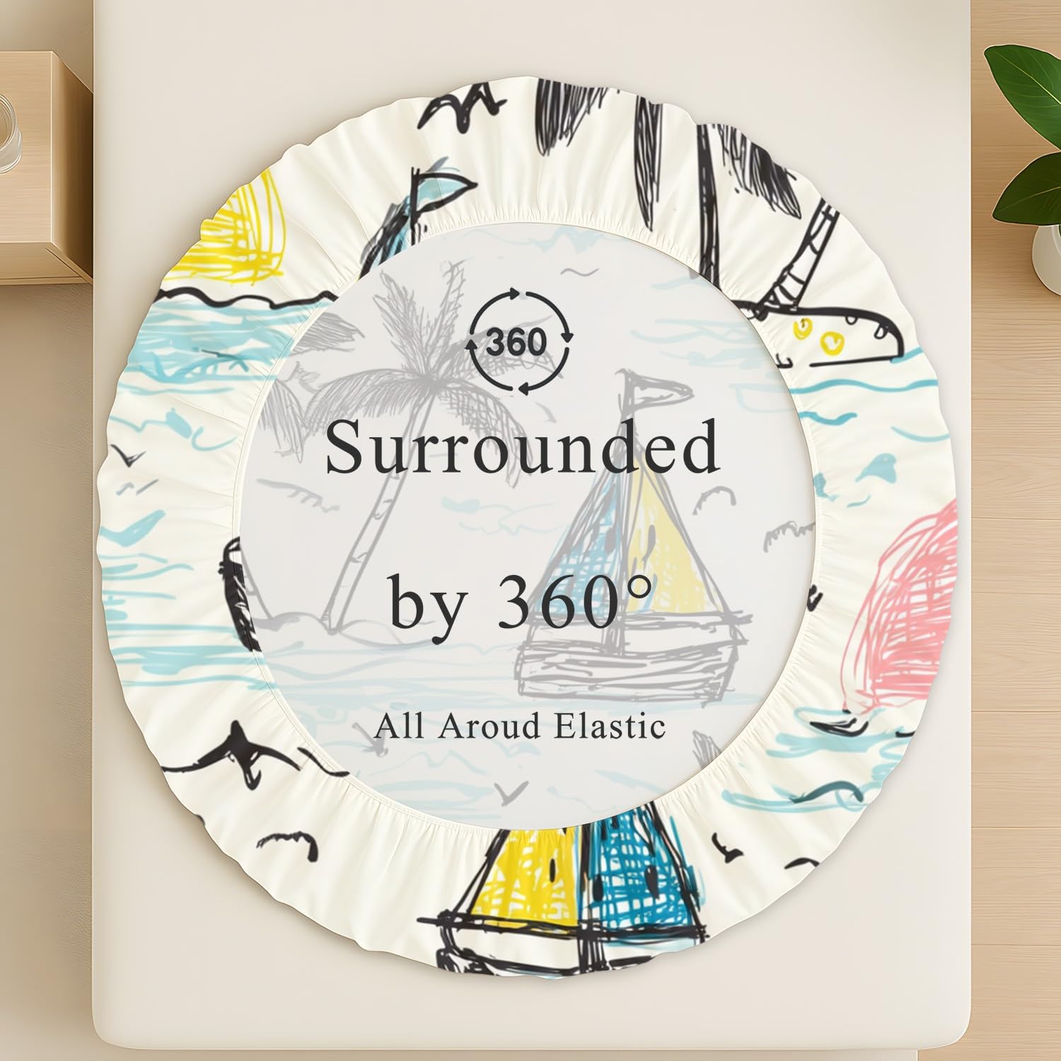 Playful Seaside Sábana bajera ajustable de verano, velero, palmera, pájaro, 30 cm de profundidad, microfibra, transpirable, para cama de matrimonio pequeño para niños y adolescentes, decoración de
