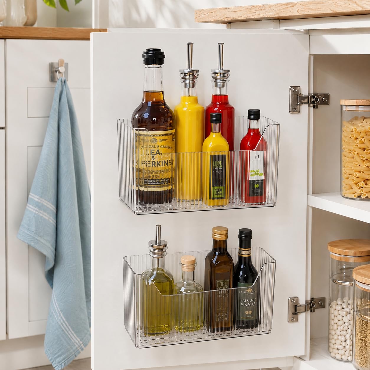 Xygobla 2Pcs Self-Adhesive Cabinet Door Organiser, Clear Kitchen Cupboard Storage Box with Drainage, Wall Mounted Box for Kitchen Wrap & Small Items, Space-Saving Cabinet Organizer