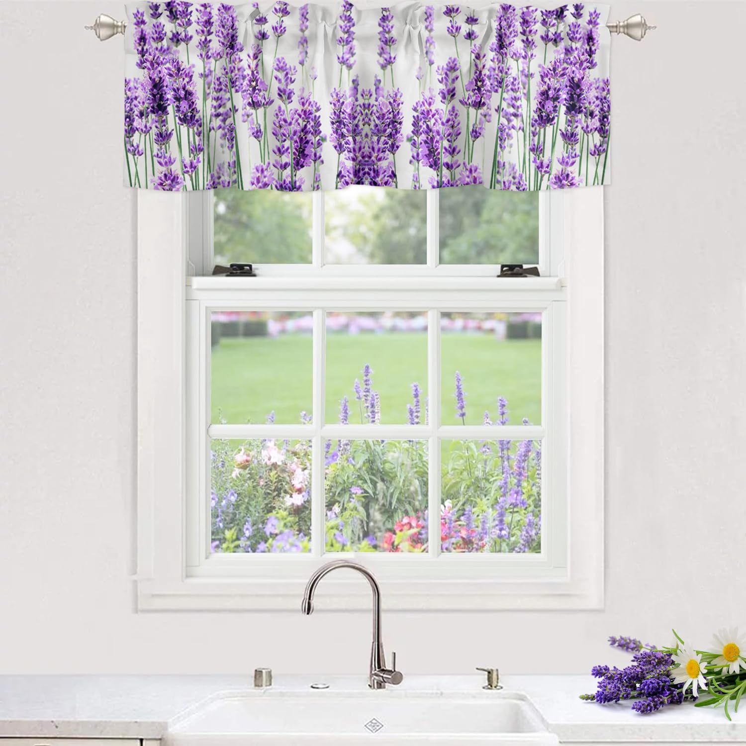 Chucoco Rod Pocket Window Valances Idyllic Purple Lavender Flowers Kitchen Short Curtain Valance Windows Treatment Drapes,Bedroom Bathroom Living Room
