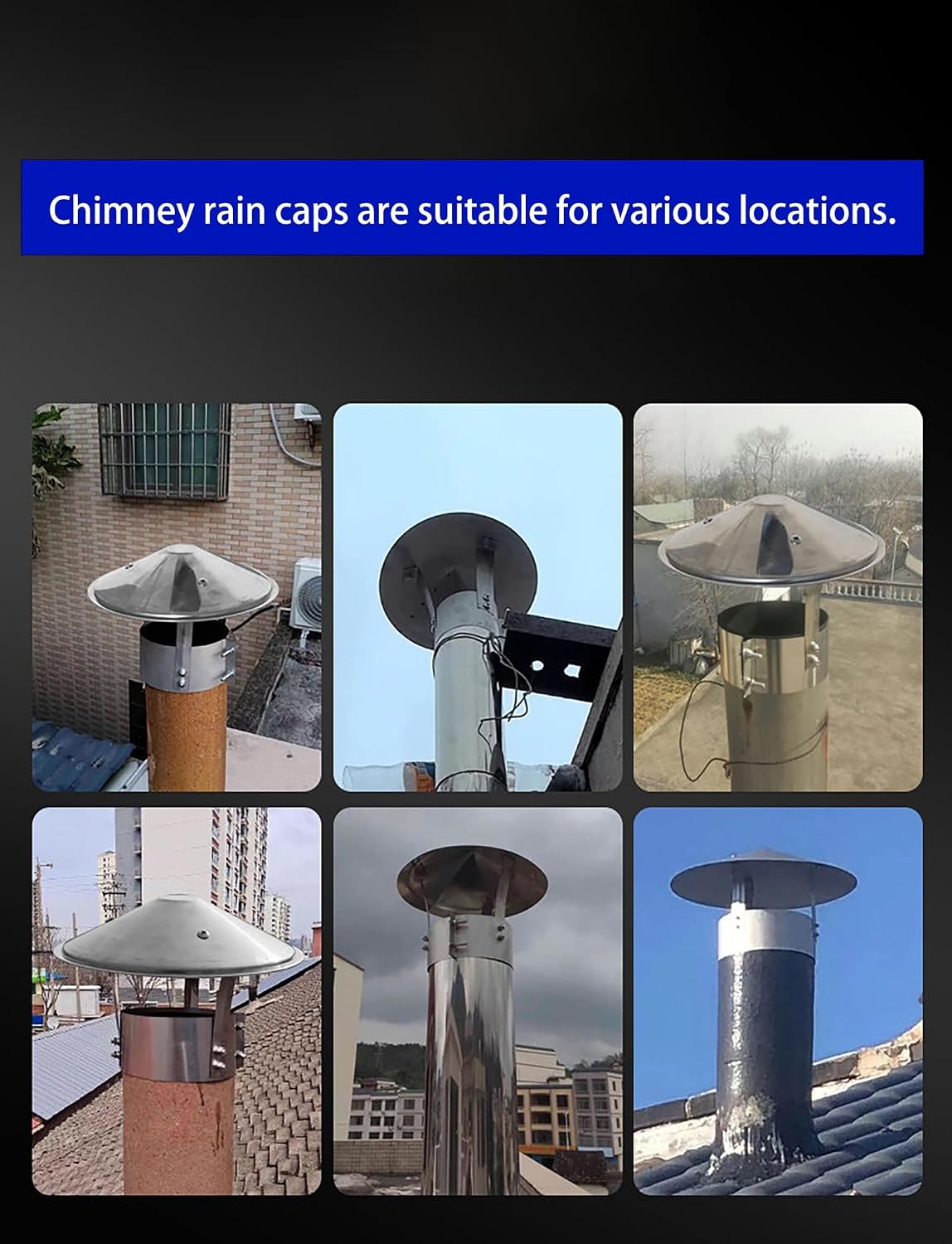 Adjustable 304 Stainless Steel Chimney Cap 3" 12" Rain Guard for Fireplace Stove & Vent Pipe220mm (8.7in) Diameter Durable Flue Cover