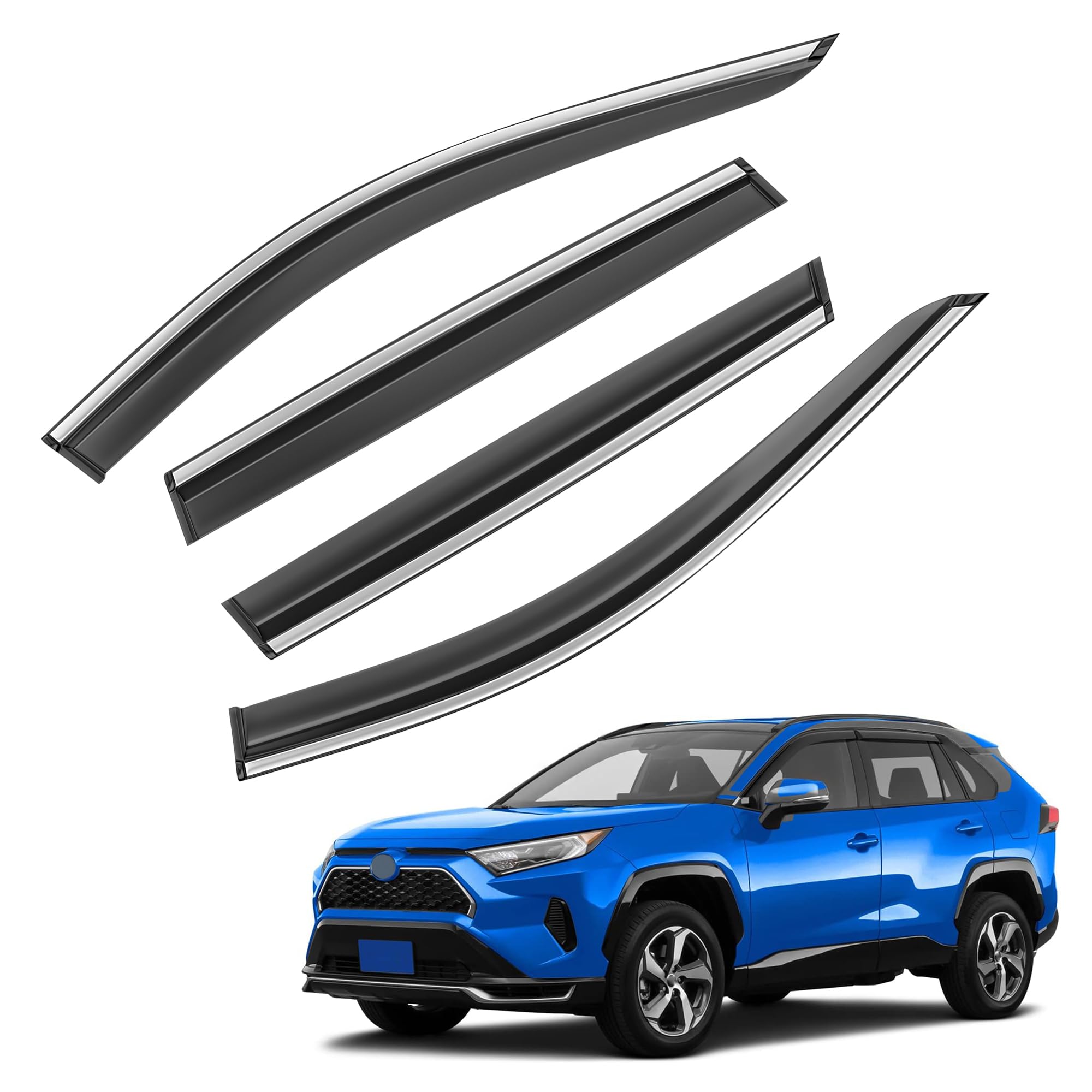 Shatterproof Taped-On Window Deflectors for Toyota Rav4 2019-2025 with Chrome Trim, Rain Guards, Window Visors for Car, Vent Deflector, 4pcs