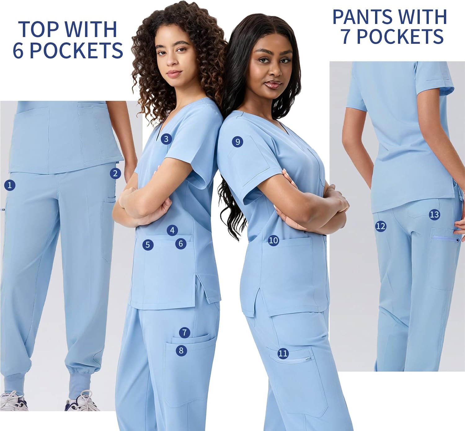 ANGEL GUARD Scrubs Set for Women, V-Neck Top and Jogger Pants, 13 Pockets, Thick Stretch Medical Workwear