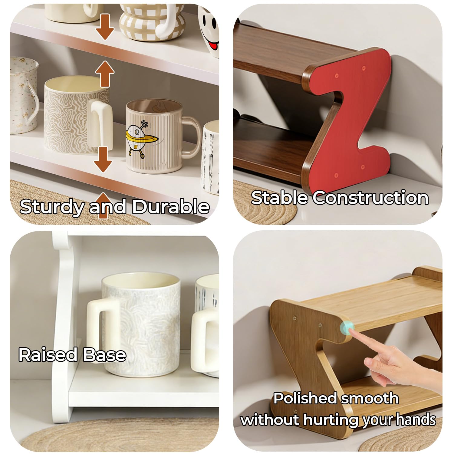 Soporte para Tazas de Café de 2 Niveles Estante de Encimera para Baño Especieros para Cocina Encimera para Estación de Café y Oficina (Color Natural)