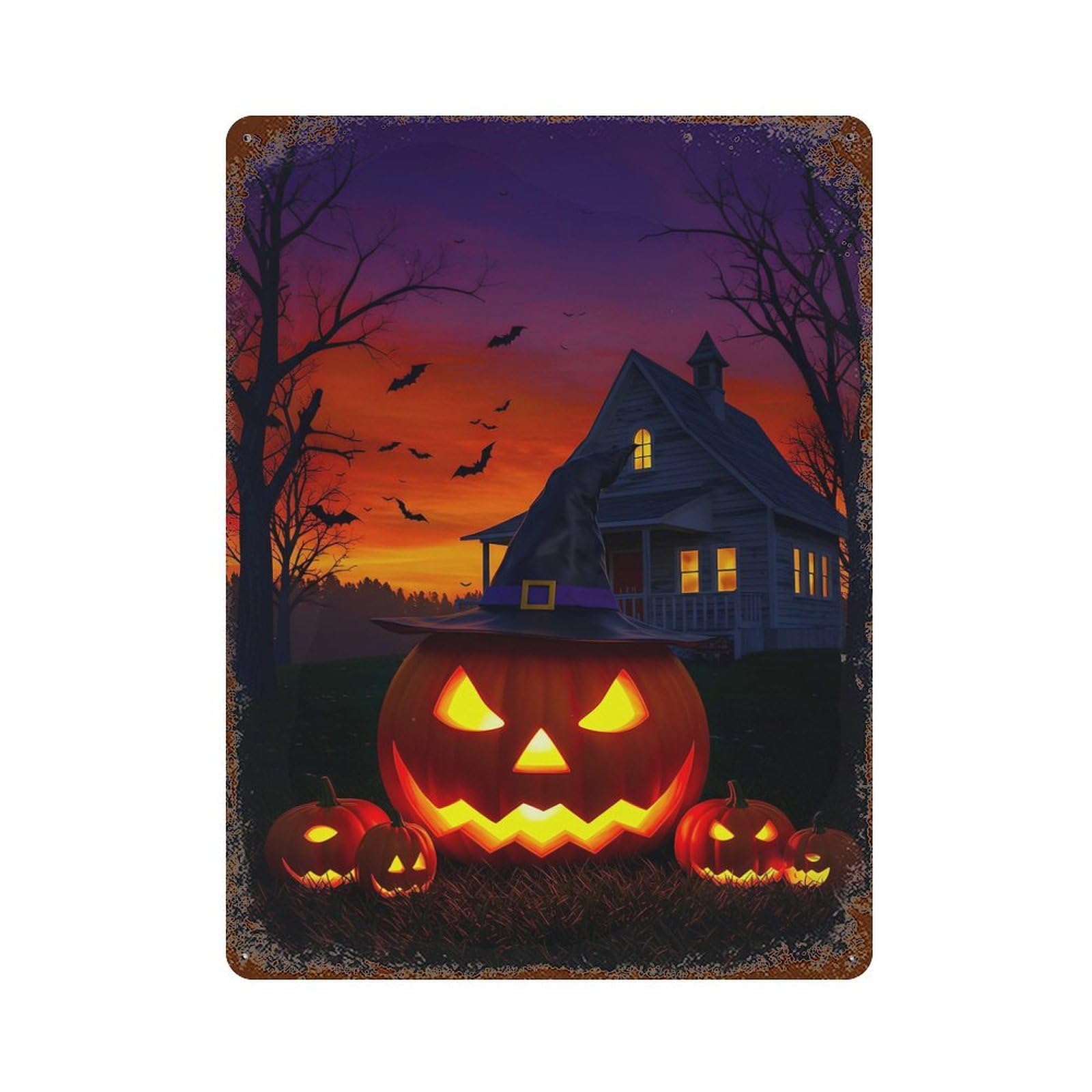 Rust Effect Halloween Pumpkins with Witch Hat Aged Metal Wall Plaque 15.7"x11.8", Rustic Home Decor for Bistro, Counter And Cafe Decor
