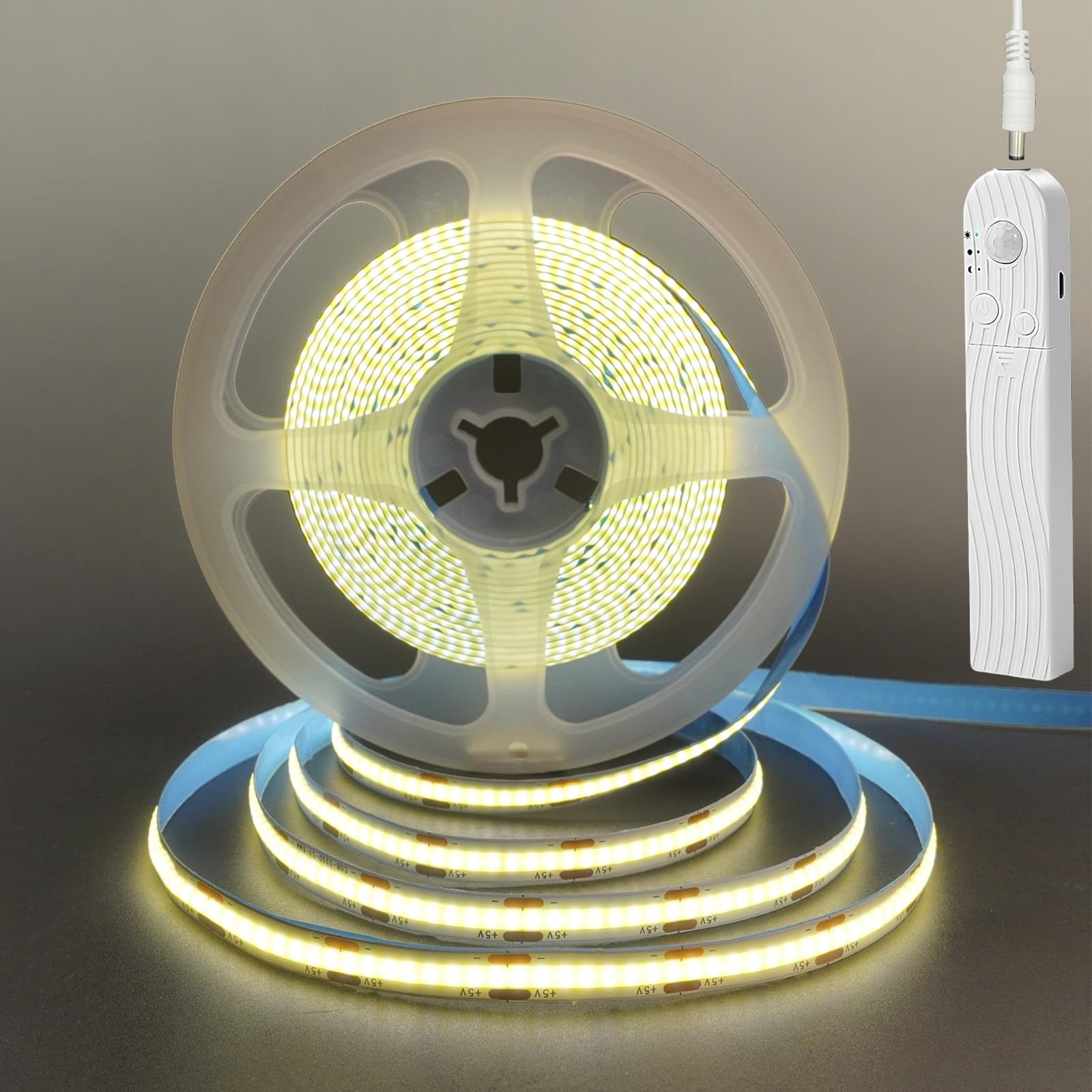 Clearhill 5V Motion Sensor Dimmable USB Rechargeable COB LED Strip Lights,Built-in 1500mAh Battery,Three Modes,6.56FT/2M,Natural White 4000K,320LEDs/M,Night for Closet,Wardrobe,Bed,Stairs,Kitchen