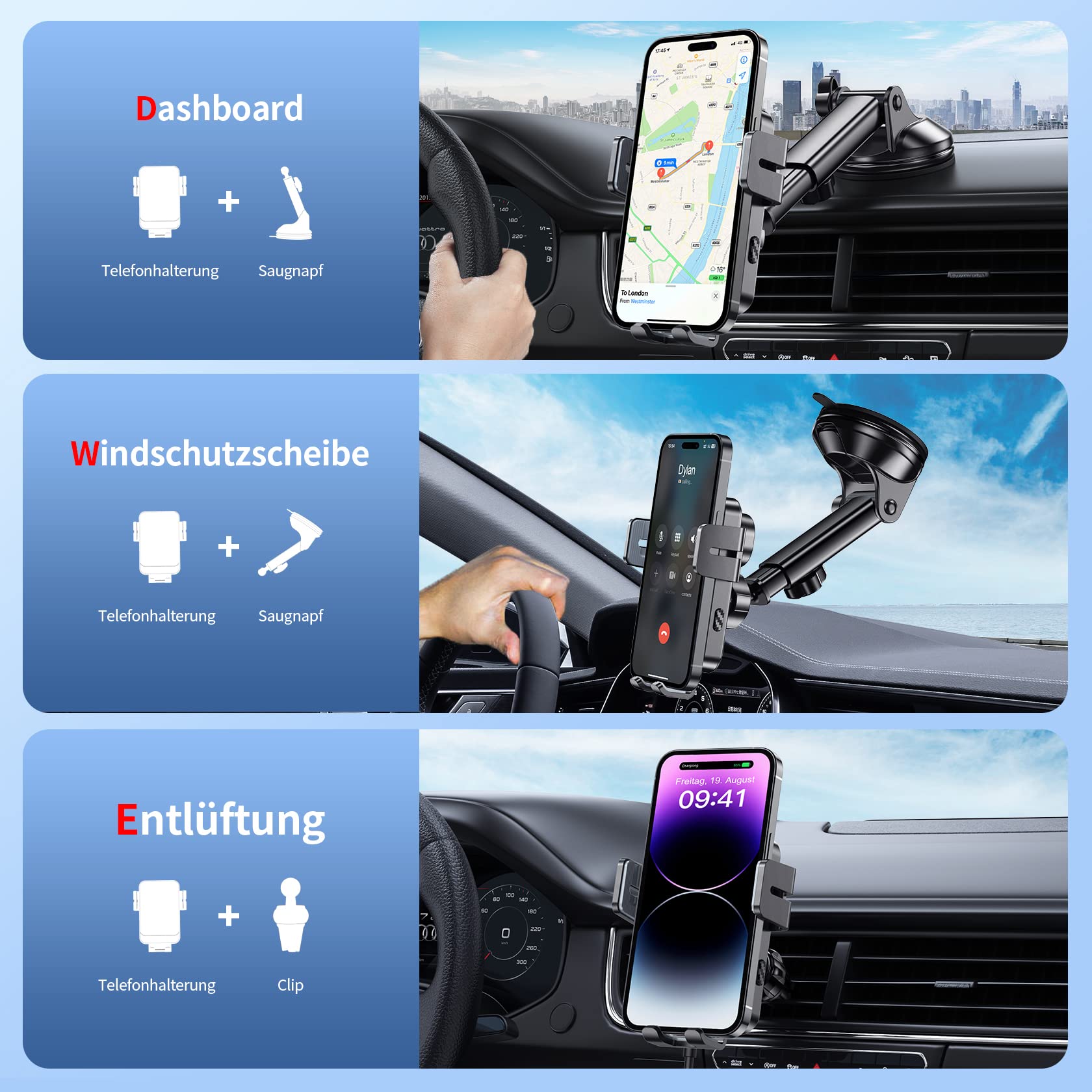 MOKPR 15 W Caricatore Ricarica Wireless Auto, Supporto Cellulare Auto Wireless con Auto-Bloccaggio con Clip per Prese d'aria/Pannello Strumenti per iPhone 16/15/14/13/12, Samsung Huawei Xiaomi