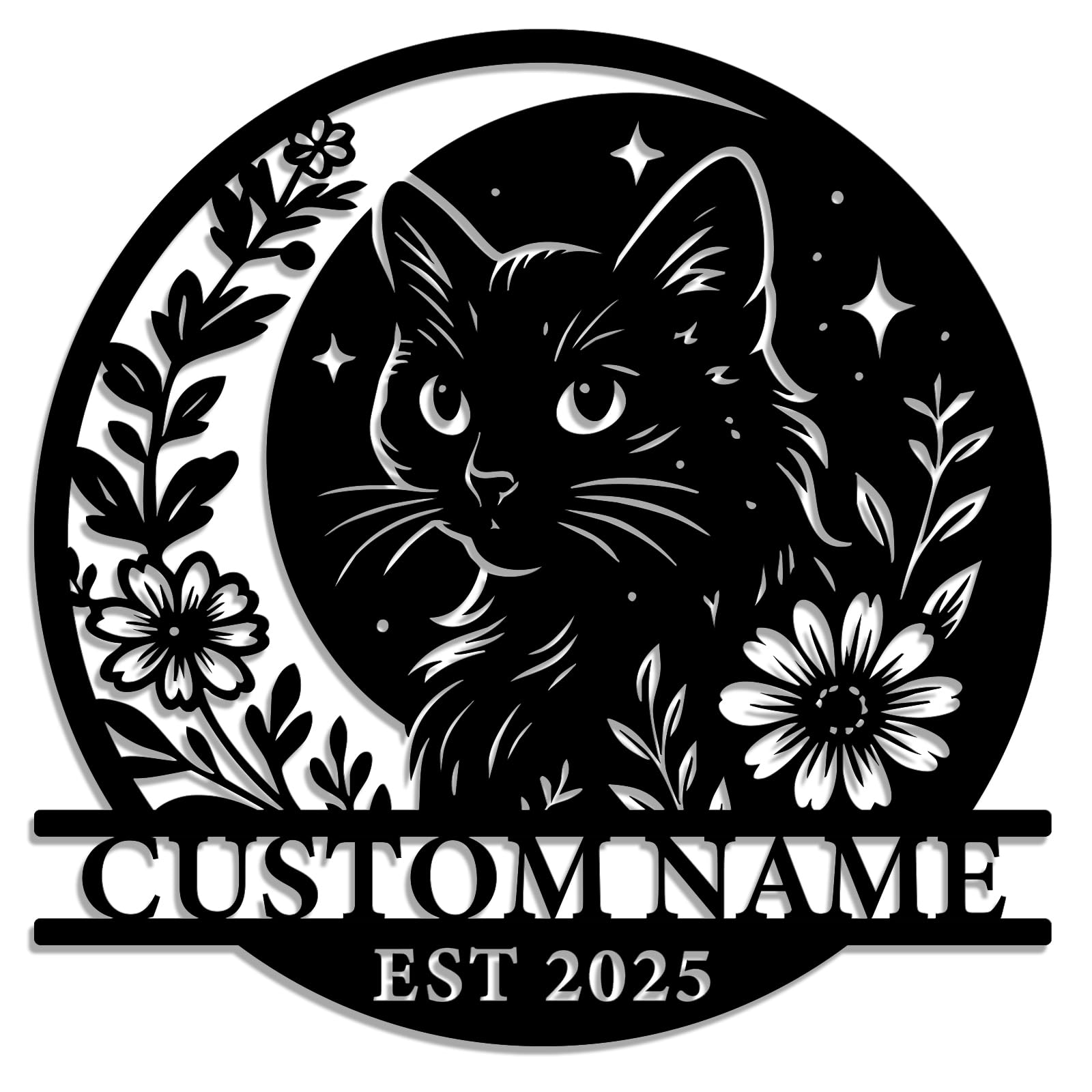 Personalized Moon Cat Floral Metal Sign – Custom Name Pet Memorial or Home Decor Wall Art – Celestial Cat Lover Gift with Flowers and Stars (Design-3)