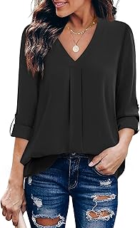 Womens Blouses Dressy Casual Business Tops 3/4 Sleeve Chiffon V Neck Wor...