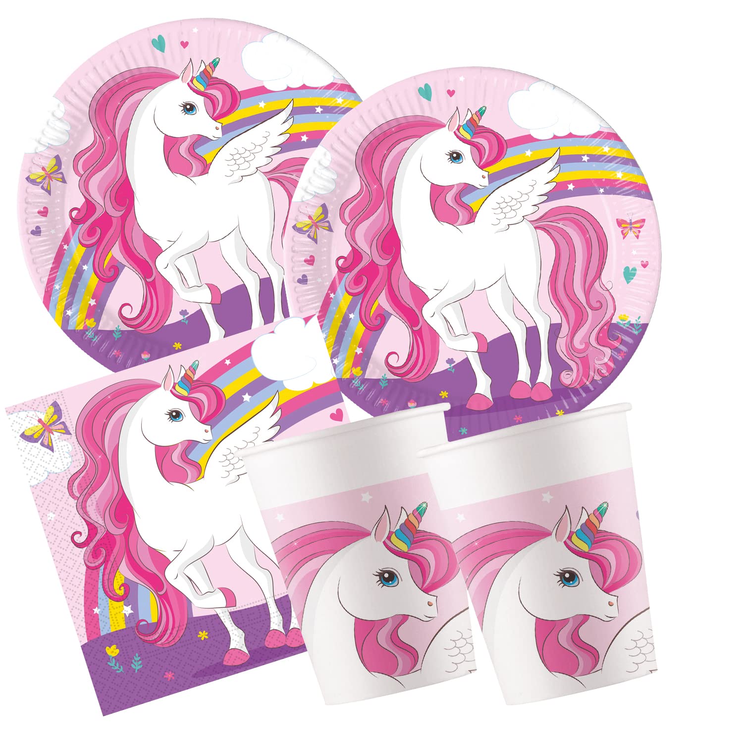 Procos - Zestaw imprezowy S Unicorn Rainbow, 52-częściowy zestaw, 16 talerzy, 16 kubków, 20 serwetek, naczynia jednorazowe, naczynia imprezowe, dekoracja stołu