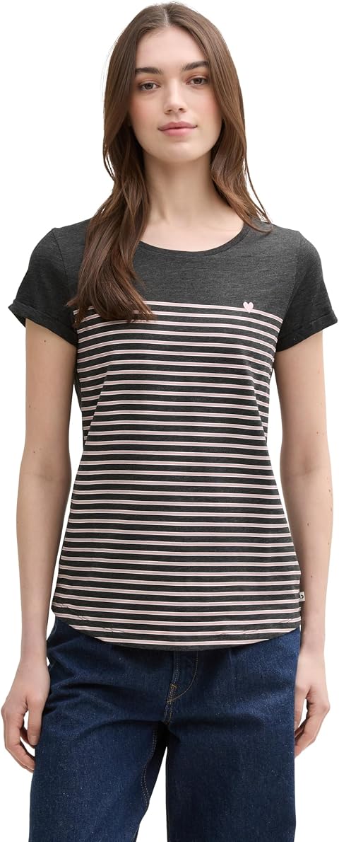 TOM TAILOR Denim Damen Streifen T-Shirt mit Herz-Stickerei auf der Brust