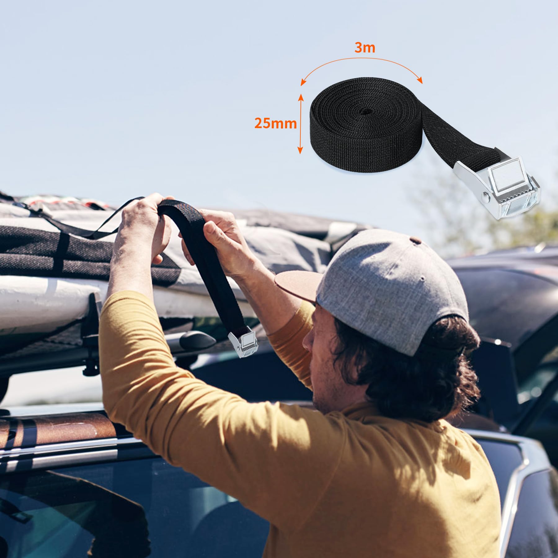 Cinghia di Ancoraggio 3M, 4 Pezzi Carico Cinghie di Tensione con Fibbia, Professionali Cinghie di Carico Regolabili per Kayak, Tavola da Surf, Canoa, Bici, Moto - Portata 250kg, Cinghia di Fissaggio