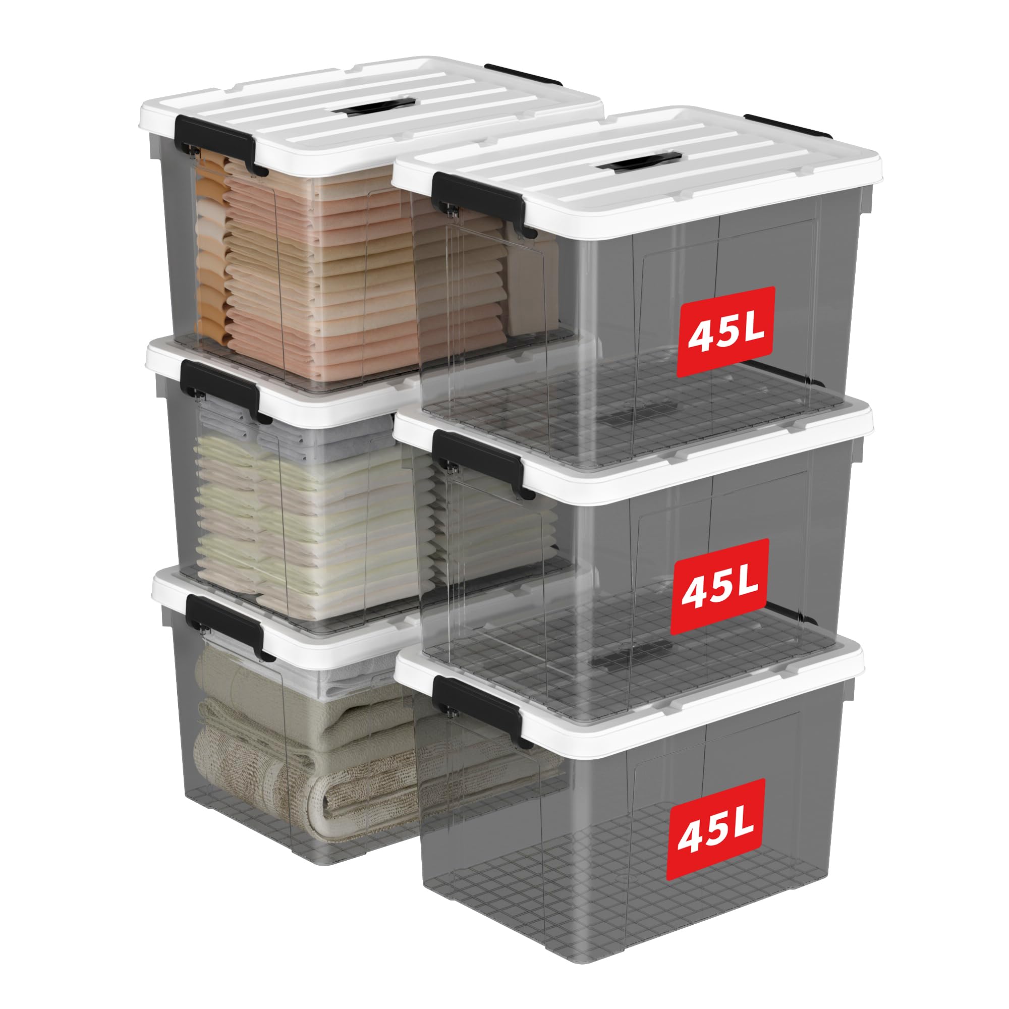 Cetomo 45L*6 Aufbewahrungsboxen, Tragbare Plastikboxen mit Deckeln, Organizer-Behälter mit Griff und Clips, Stapelbar, Ineinander Nestbar, für Zuhause und Büro, Transparent schwarz, 45L-6er Pack