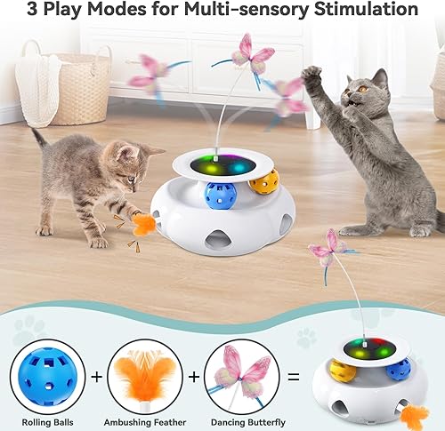 Miniatura 3 de Juguetes interactivos 3 en 1 para gatos con pluma de emboscada móvil, mariposa giratoria, bolas de pista, juguetes recargables para gatos de