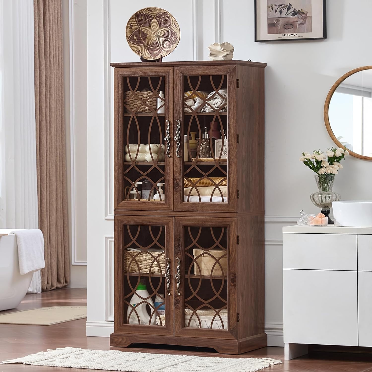 Joaxswe 67" Tall Pantry Cabinet, Wood Kitchen Pantries Cabinets with Glass Doors & Adjustable Shelves, Freestanding Vintage Cupboard with Large Storage for Dining Room, Bathroom, Brown