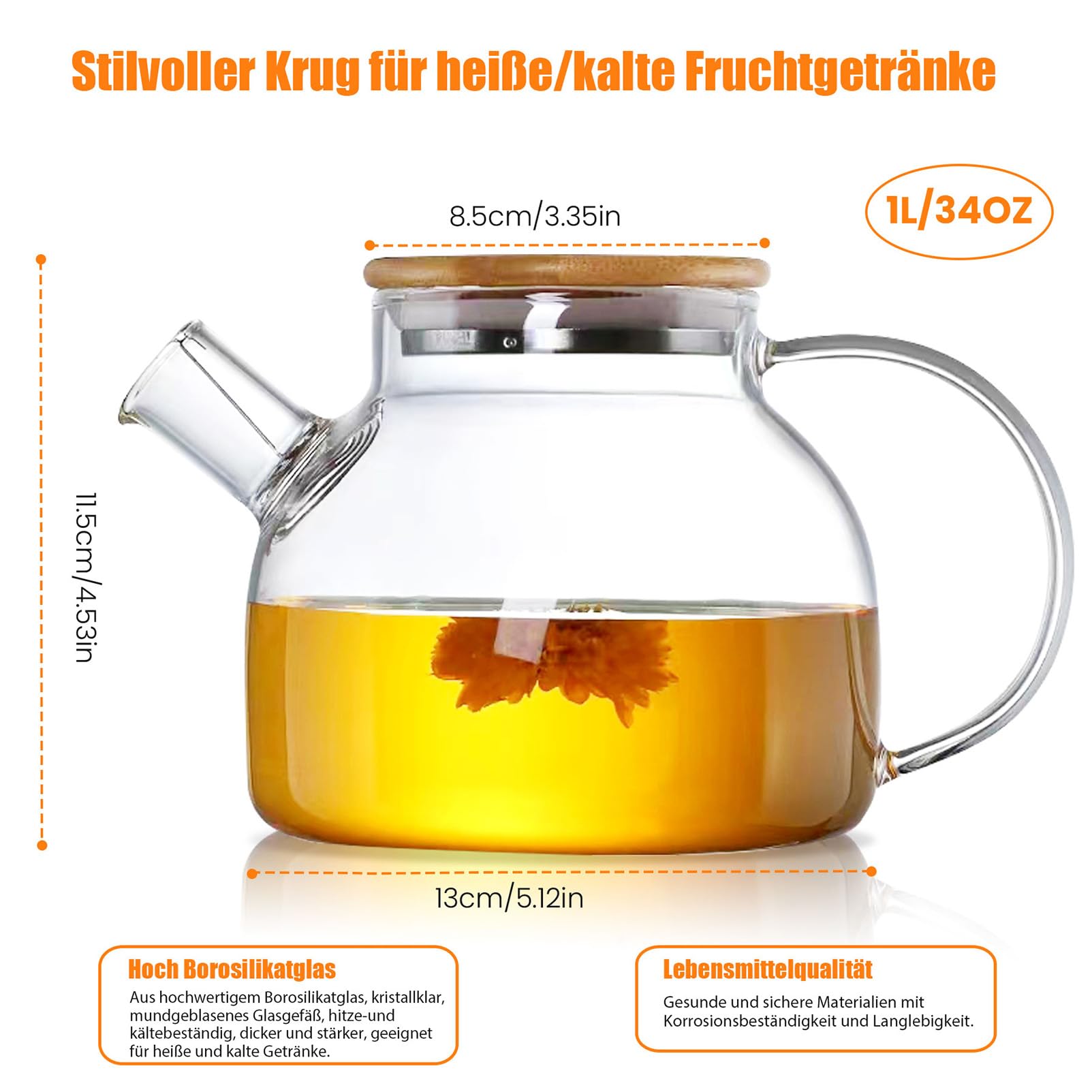 Teiera con colino, 1000 ml, in vetro con coperchio in legno, resistente al calore, con filtro rimovibile, design moderno ed elegante per tè, tè e succo di fiori