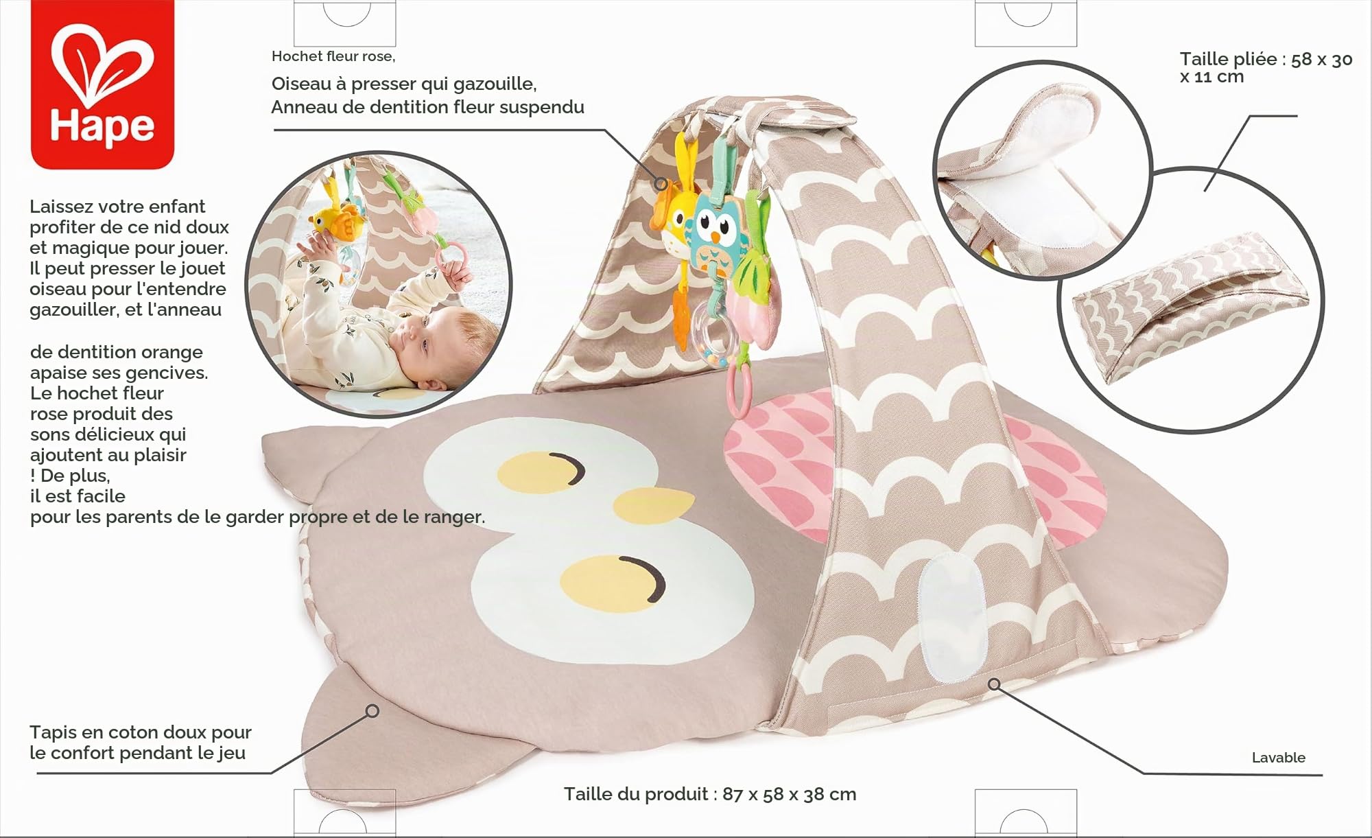 Hape Arche de Jeu Chouette Sina - Tapis d'éveil épais et Doux - Idéal également pour Les déplacements - Jouet pour bébé dès la Naissance