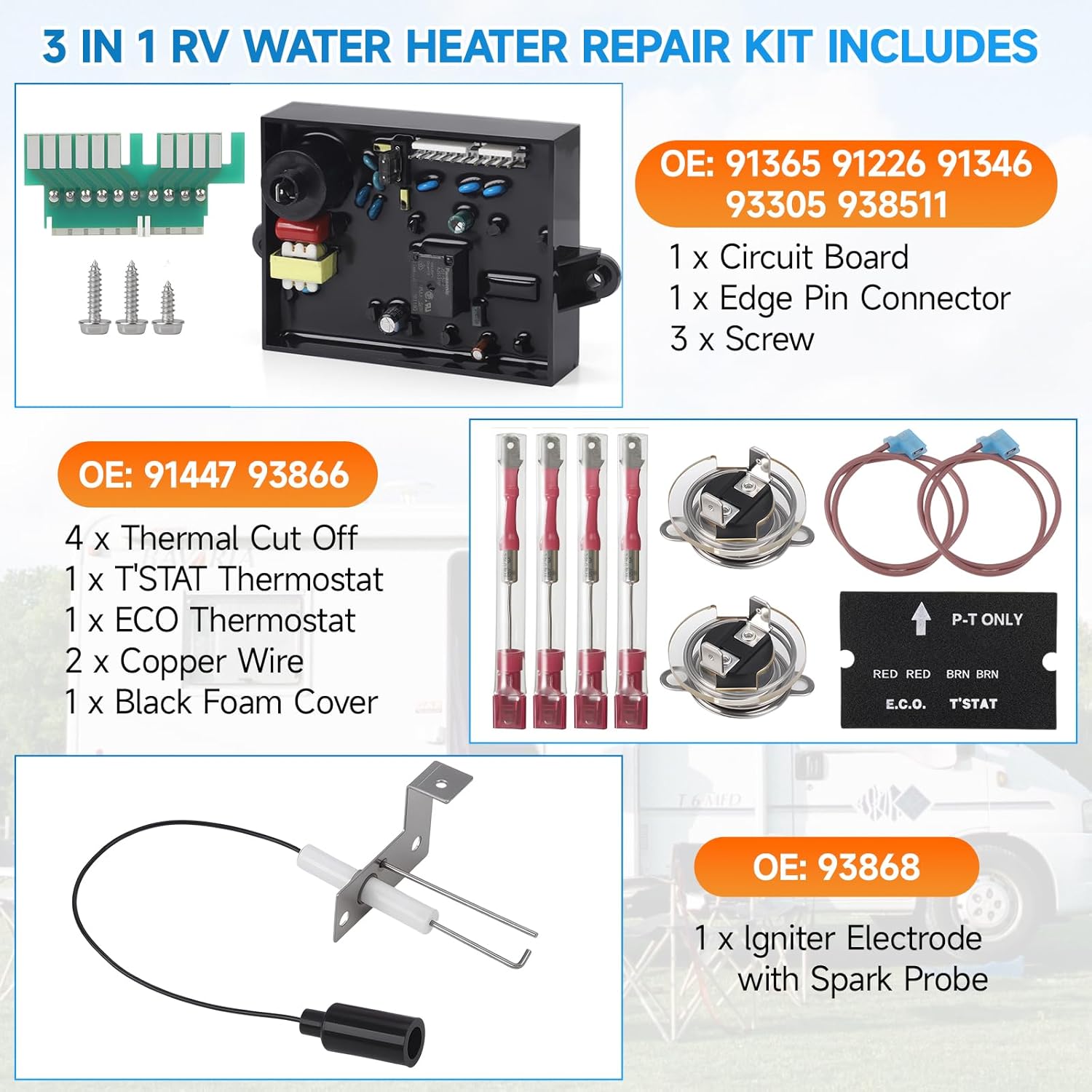 3 in 1 RV Water Heater Replacement Parts Include 91365 Control Circuit Board Parts,91447 Thermal Cut Off & Thermostat Kit,93868 Initer Electrode Compatible with Atwood/Dometic