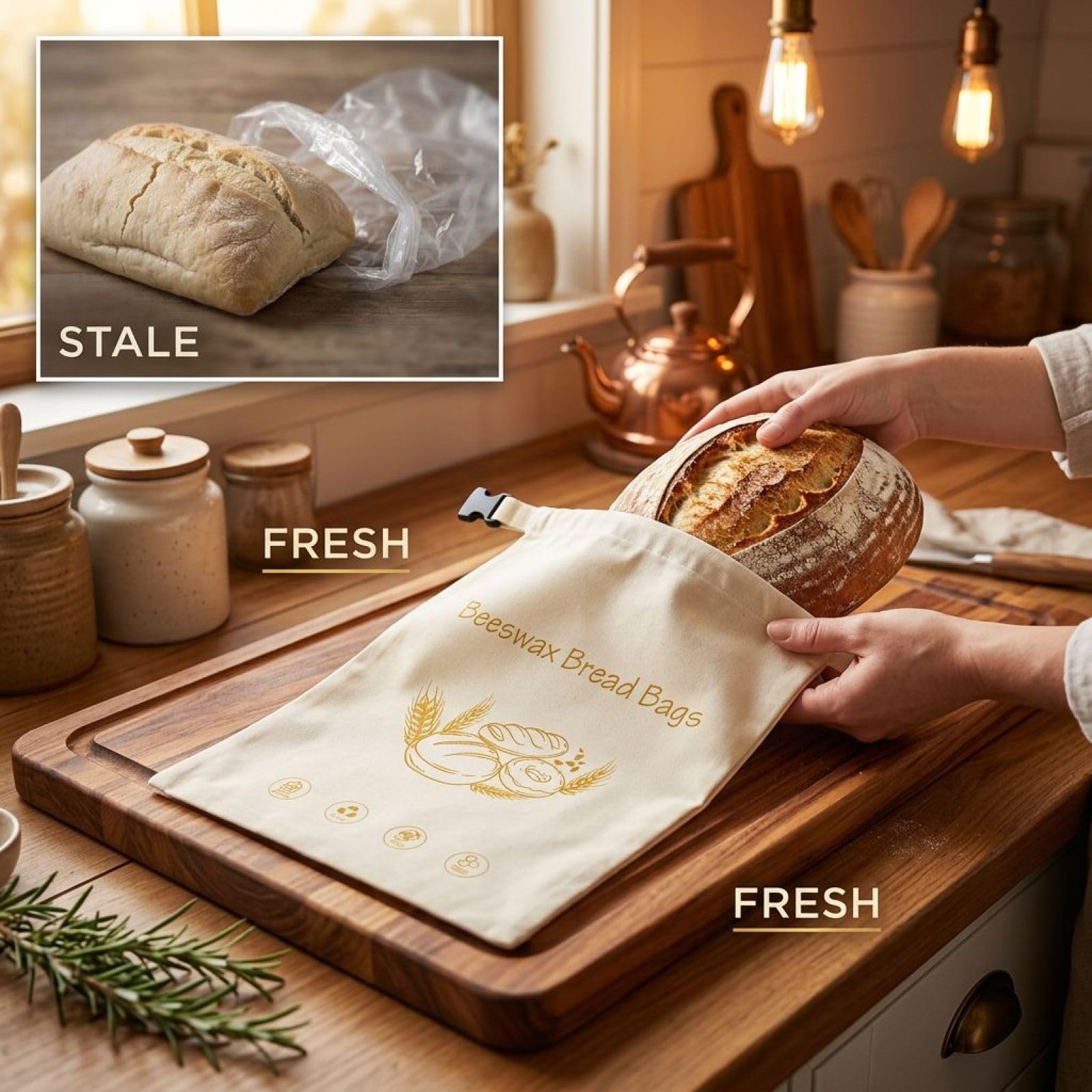 2 Stk Bienenwachsbrotbeutel, wiederverwendbare Brotaufbewahrungsbeutel mit Schnalle, hält Brot länger frisch, 7,1 x 5,1 x 2,4 in, beige, für hausgemachtes Sauerteigbrot