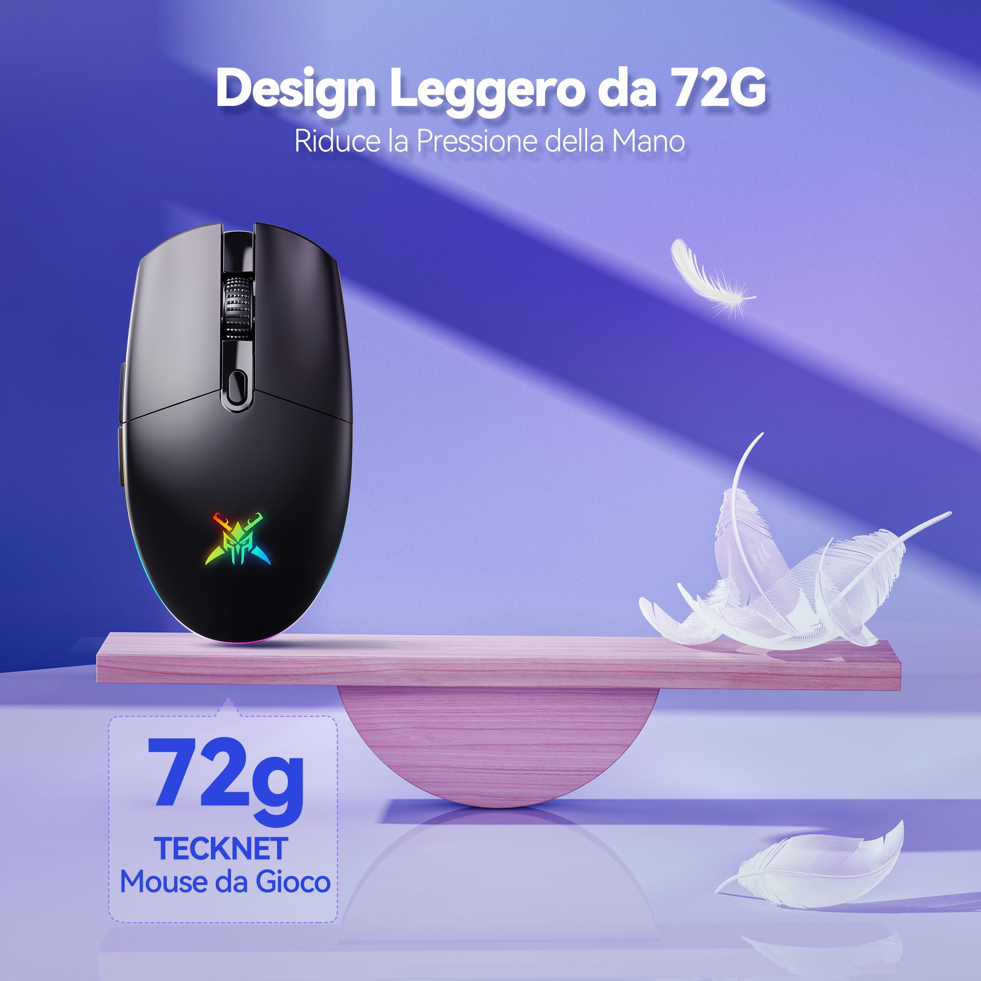 TECKNET Mouse Gaming Wireless, 8000DPI Gaming Mouse Wireless Ricaricabile, Doppia Modalità a 2.4G e Cablato, 6 Modalità RGB, Gaming Mouse Pc con Pulsanti Programmabili per Window XP/11/10/8/7, Nero