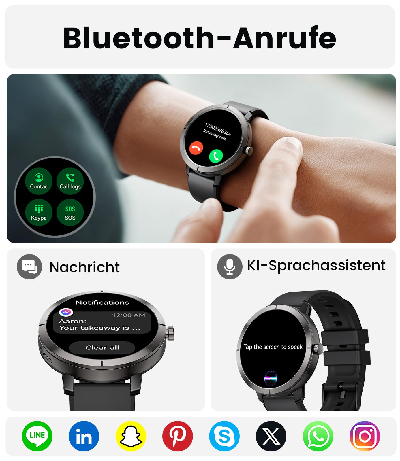 Smartwatch Herren Damen GPS,10 Tage Akku,1.35″ AMOLED,Aluminiumgehäuse,5ATM,Bluetooth Anruf/KI-Sprachassistent,170+ Sportmodi,Fitness Tracker mit Herzfrequenz,SpO2,Stress,Schlaf-Tracker,Schwarz