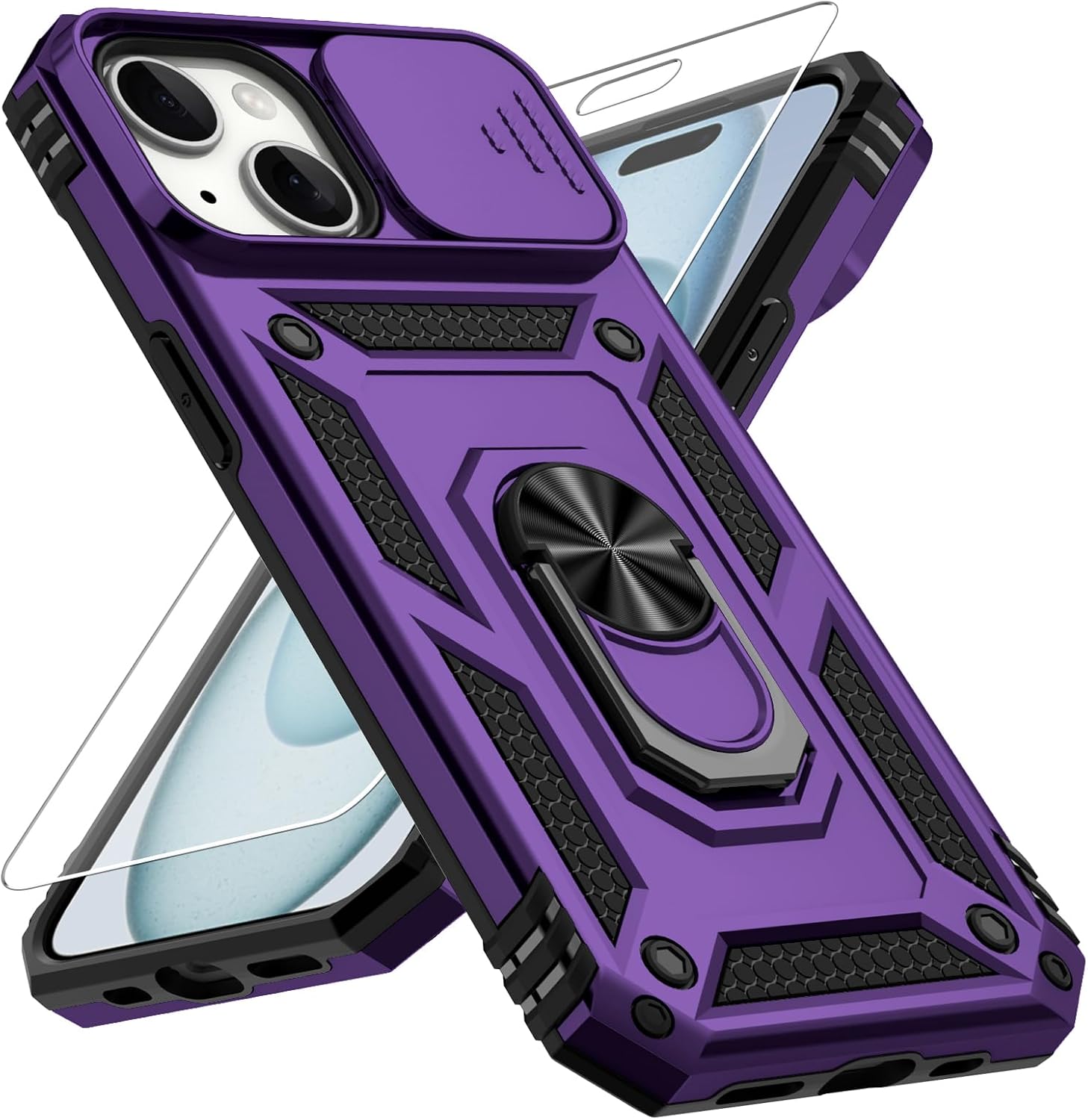 Vinve for iPhone 15 Plus Case, Slide Lens Cover, HD Screen Protector, Military Grade Drop Protection, Magnetic Rotated Ring Holder Kickstand Protective Phone Case (Navy Blue)