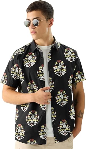 The Souled Store Sierra Men and Boys Short Sleeve Collared Neck Button Down Black Printed Regular Fit Cotton Summer Shirts