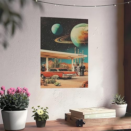 Miniatura 4 de 9W Póster de lienzo retro de gasolinera espacial con diseño de paisaje espacial y desierto cósmico, automóvil vintage, ciencia ficción, estética,
